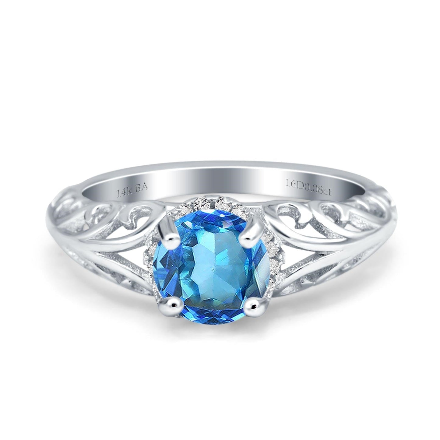 14K White Gold 1.11ct Round Art Deco Filigree 6.5mm G SI Natural Blue Topaz Diamond Engagement Wedding Ring Size 6.5