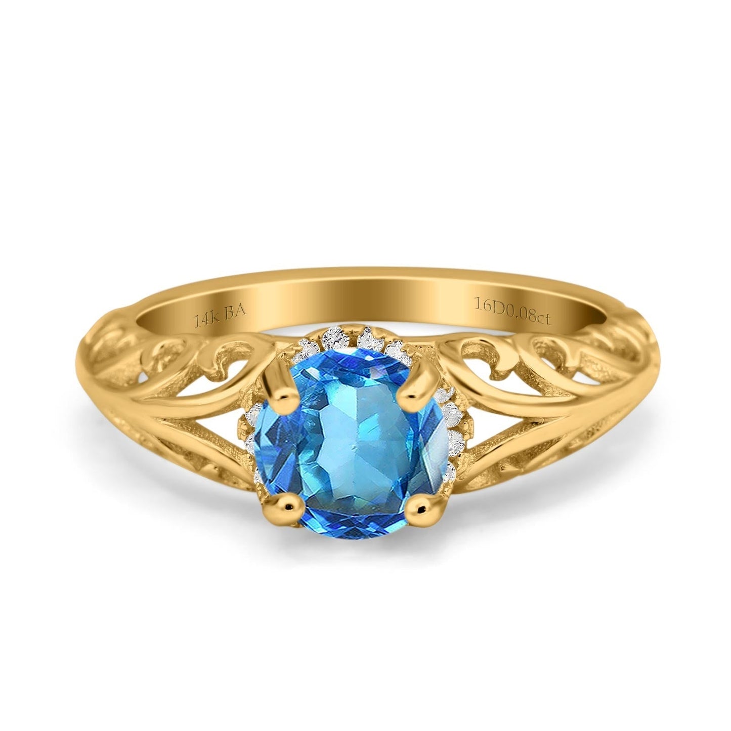 14K Yellow Gold 1.11ct Round Art Deco Filigree 6.5mm G SI Natural Blue Topaz Diamond Engagement Wedding Ring Size 6.5