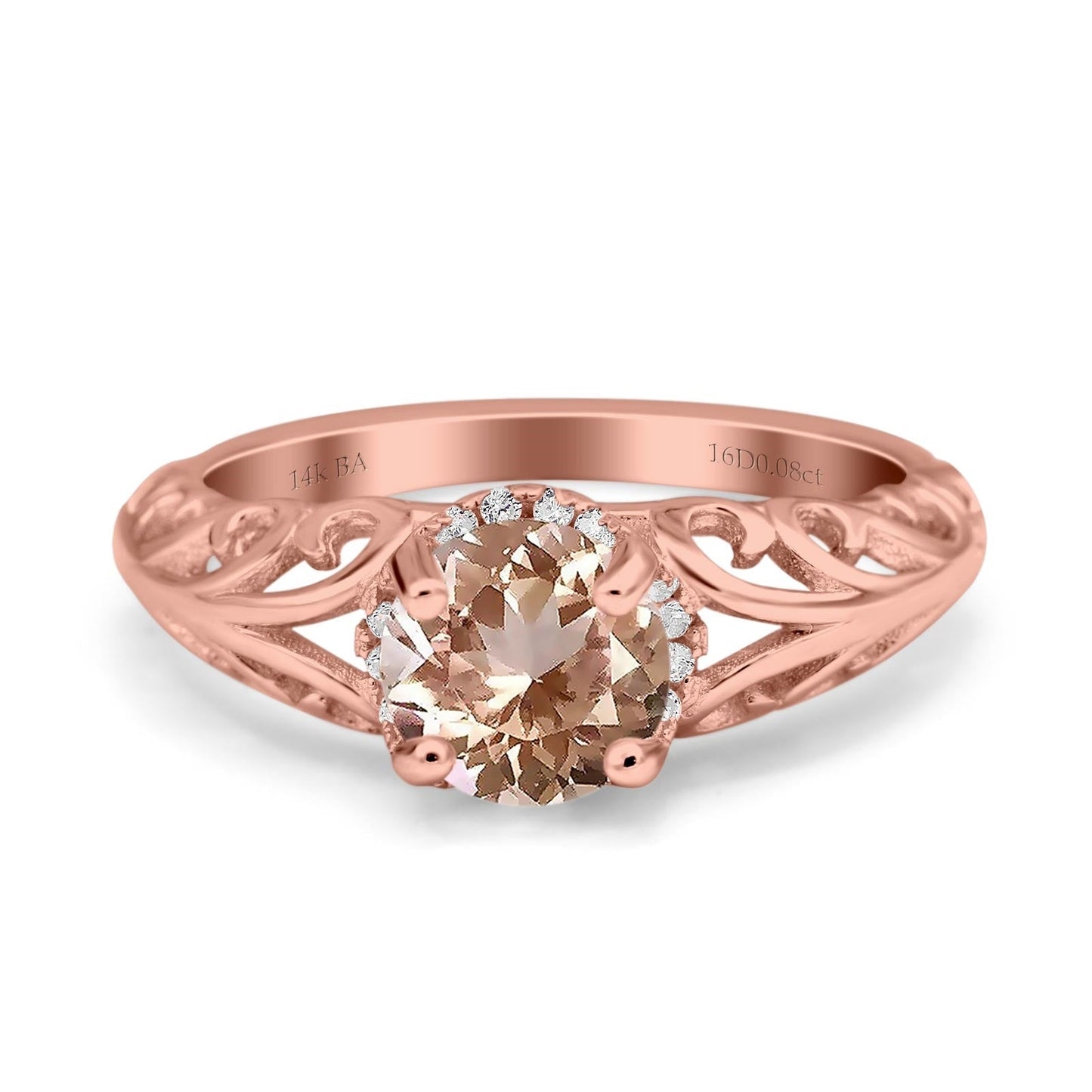 14K Rose Gold 1.11ct Round Art Deco Filigree 6.5mm G SI Natural Morganite Diamond Engagement Wedding Ring Size 6.5