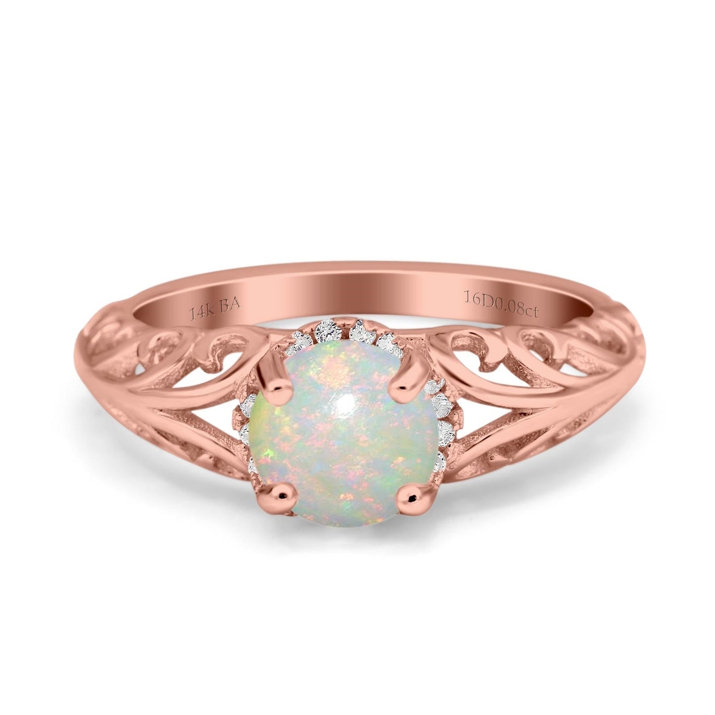 14K Rose Gold 0.08ct Round Art Deco Filigree 6.5mm G SI Natural White Opal Diamond Engagement Wedding Ring Size 6.5