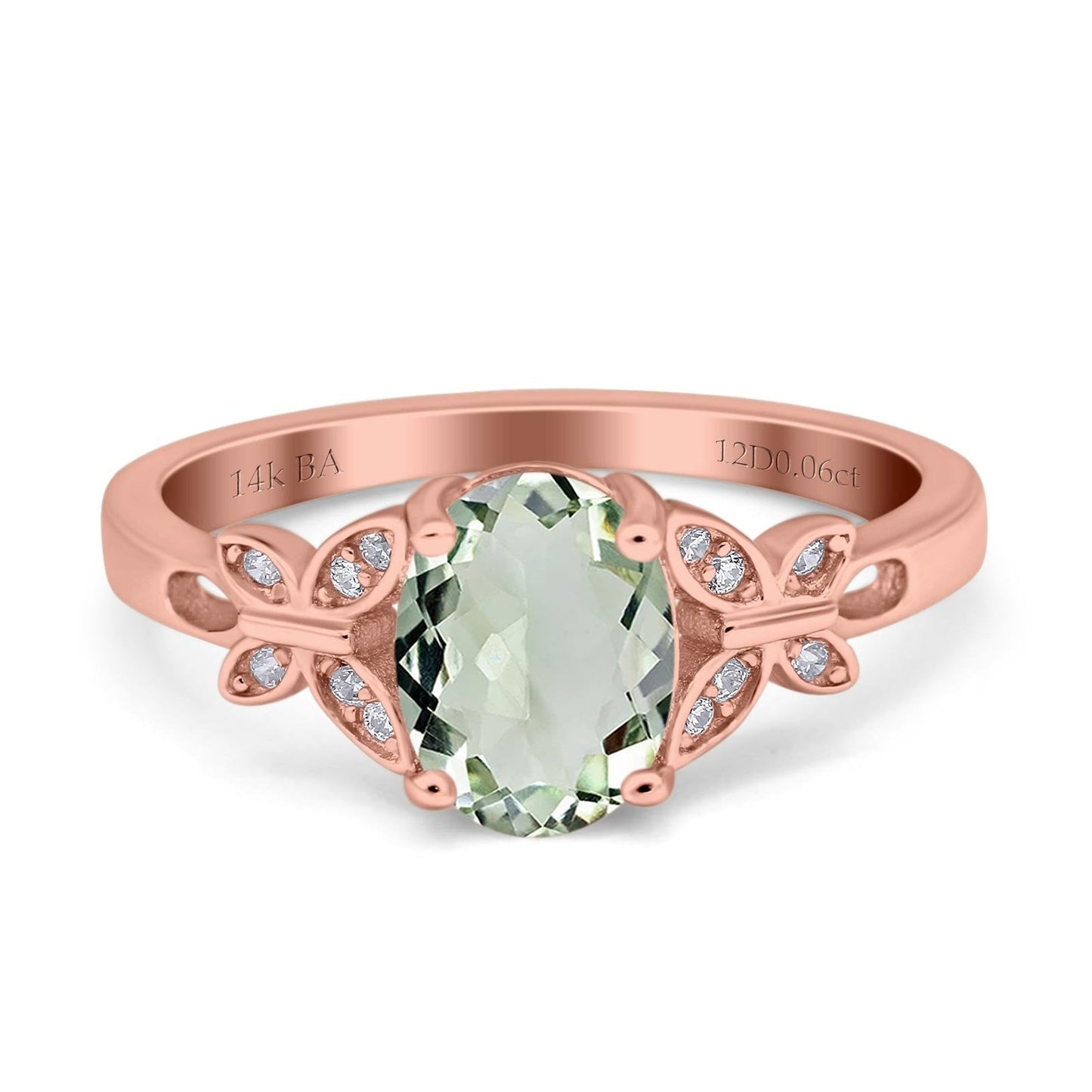 14K Rose Gold 1.27ct Oval 8mmx6mm Butterfly Accent G SI Natural Green Amethyst Diamond Engagement Wedding Ring Size 6.5