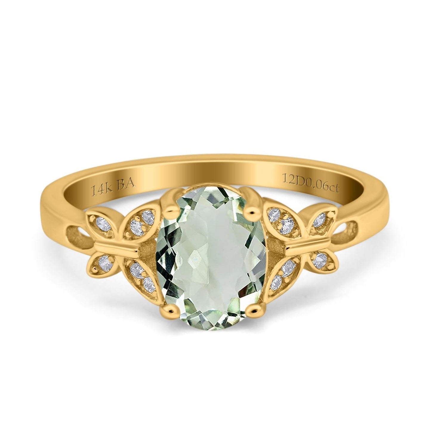 14K Yellow Gold 1.27ct Oval 8mmx6mm Butterfly Accent G SI Natural Green Amethyst Diamond Engagement Wedding Ring Size 6.5