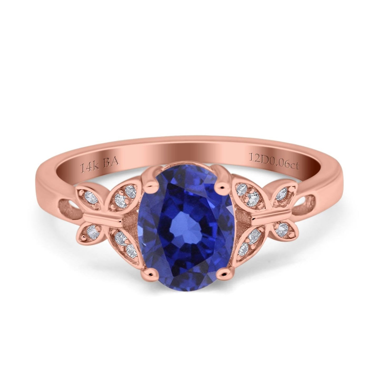 14K Rose Gold 1.27ct Oval 8mmx6mm Butterfly Accent G SI Nano Blue Sapphire Diamond Engagement Wedding Ring Size 6.5