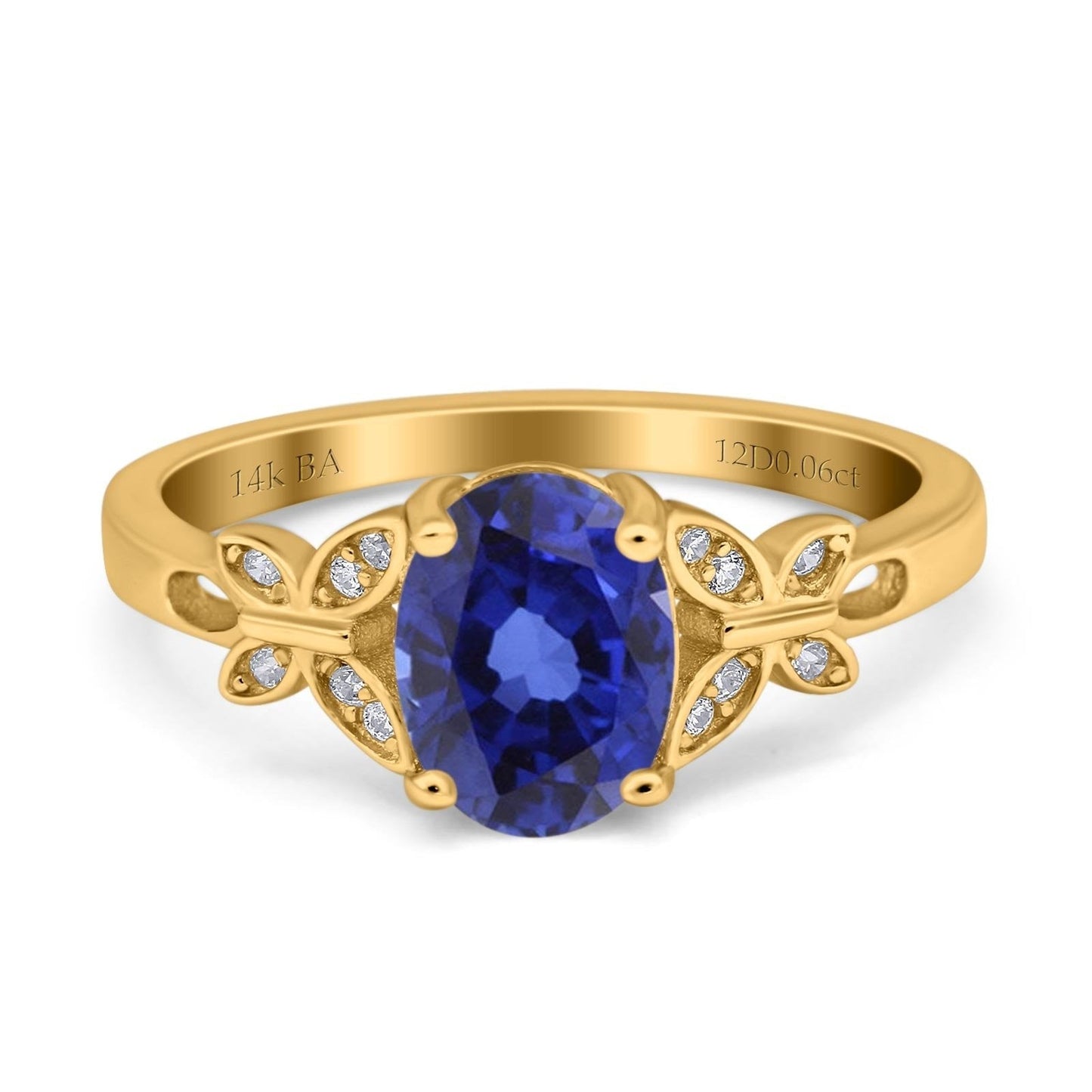 14K Yellow Gold 1.27ct Oval 8mmx6mm Butterfly Accent G SI Nano Blue Sapphire Diamond Engagement Wedding Ring Size 6.5