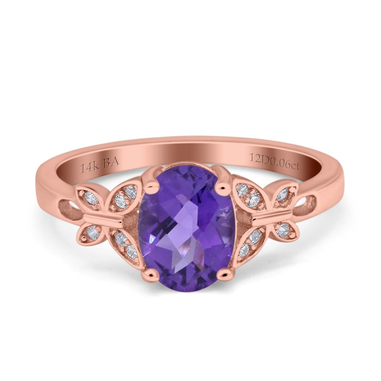 14K Rose Gold 1.27ct Oval 8mmx6mm Butterfly Accent G SI Natural Amethyst Diamond Engagement Wedding Ring Size 6.5