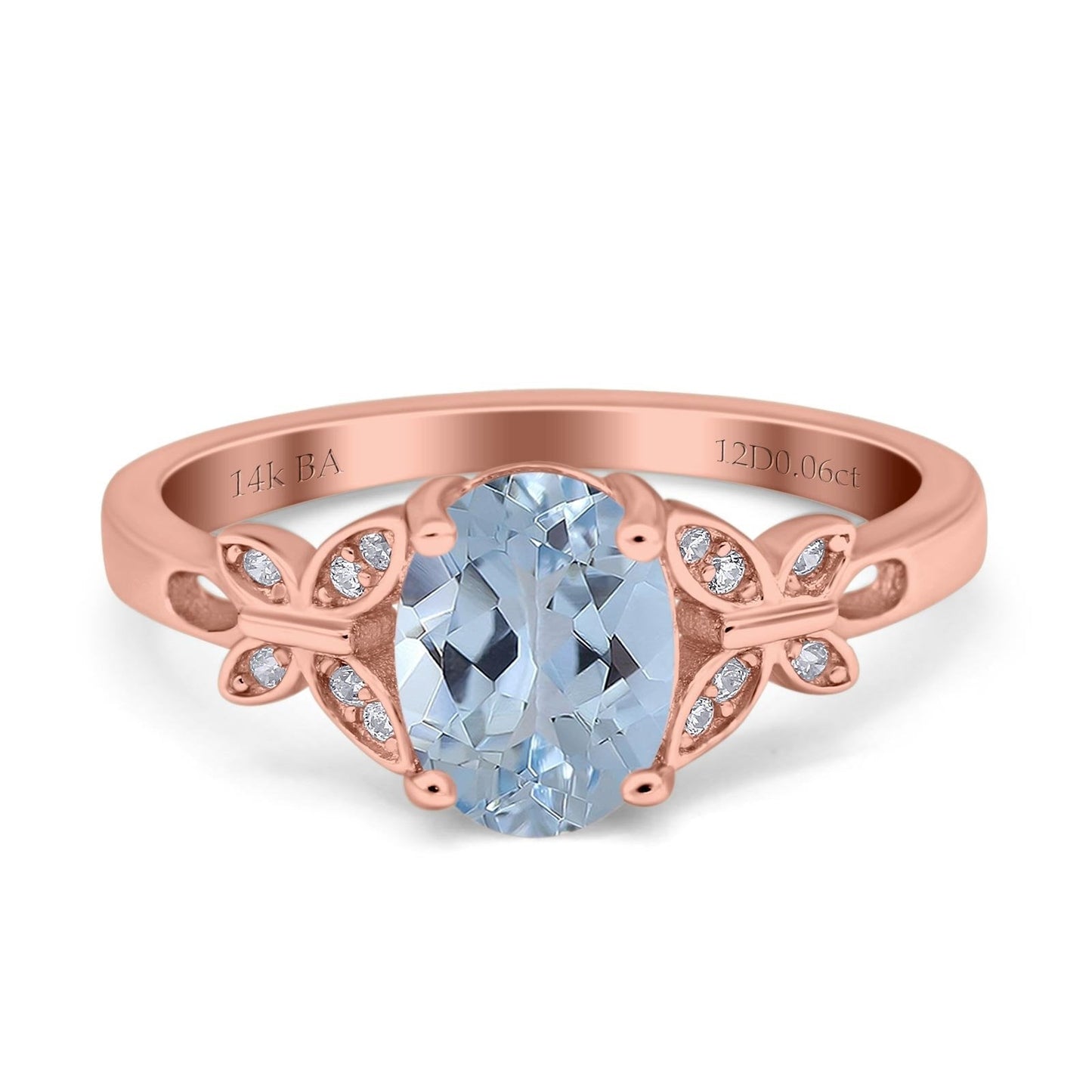 14K Rose Gold 1.27ct Oval 8mmx6mm Butterfly Accent G SI Natural Aquamarine Diamond Engagement Wedding Ring Size 6.5