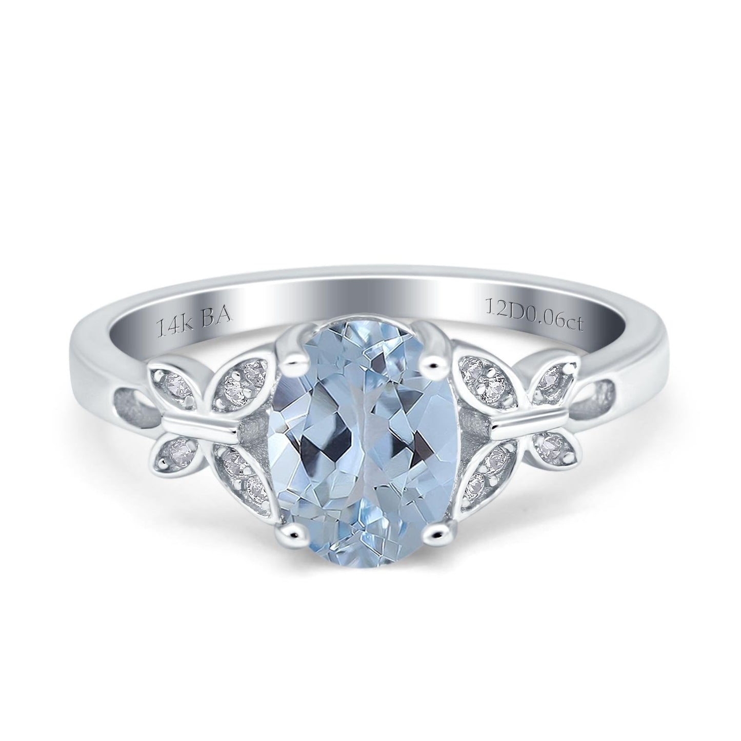 14K White Gold 1.27ct Oval 8mmx6mm Butterfly Accent G SI Natural Aquamarine Diamond Engagement Wedding Ring Size 6.5