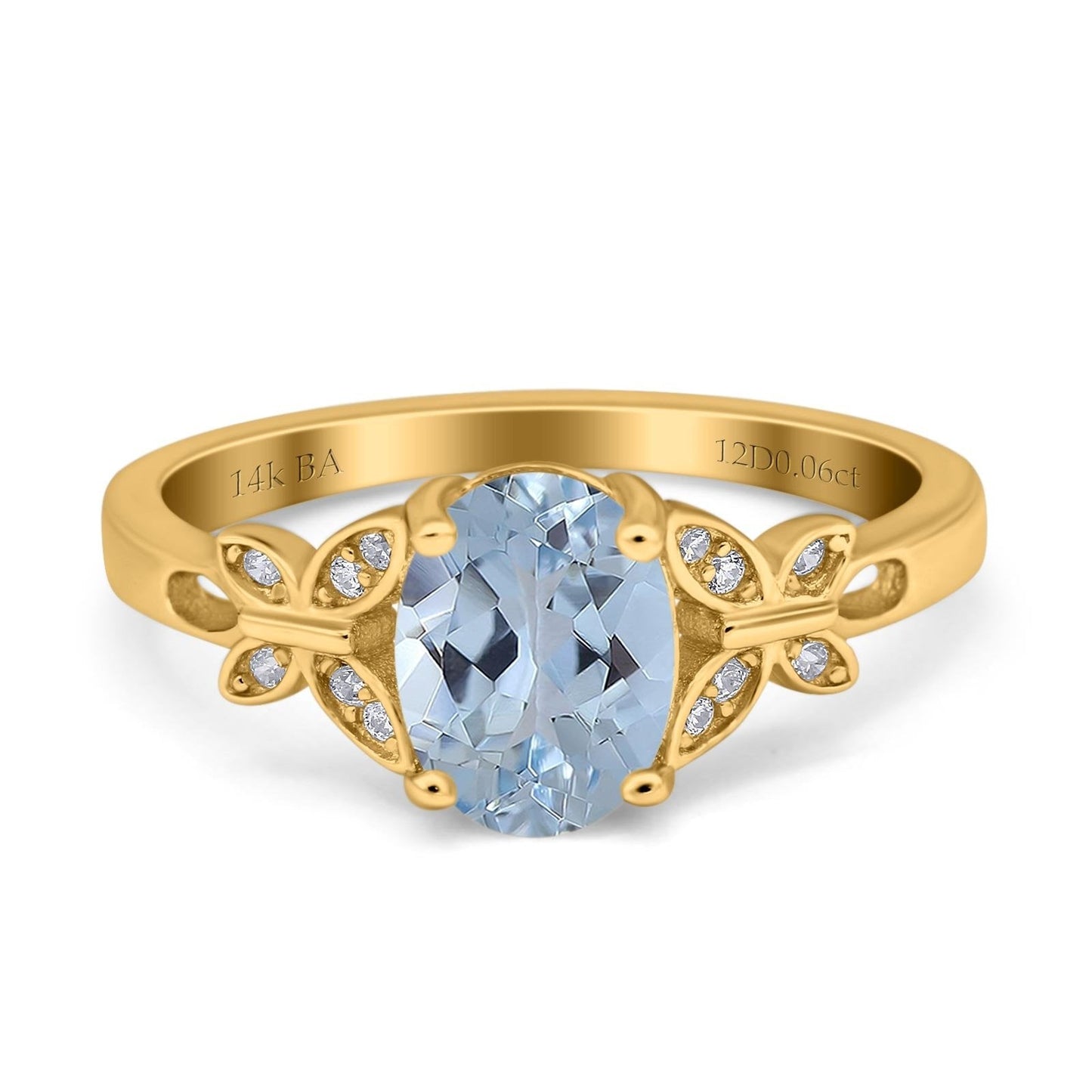 14K Yellow Gold 1.27ct Oval 8mmx6mm Butterfly Accent G SI Natural Aquamarine Diamond Engagement Wedding Ring Size 6.5