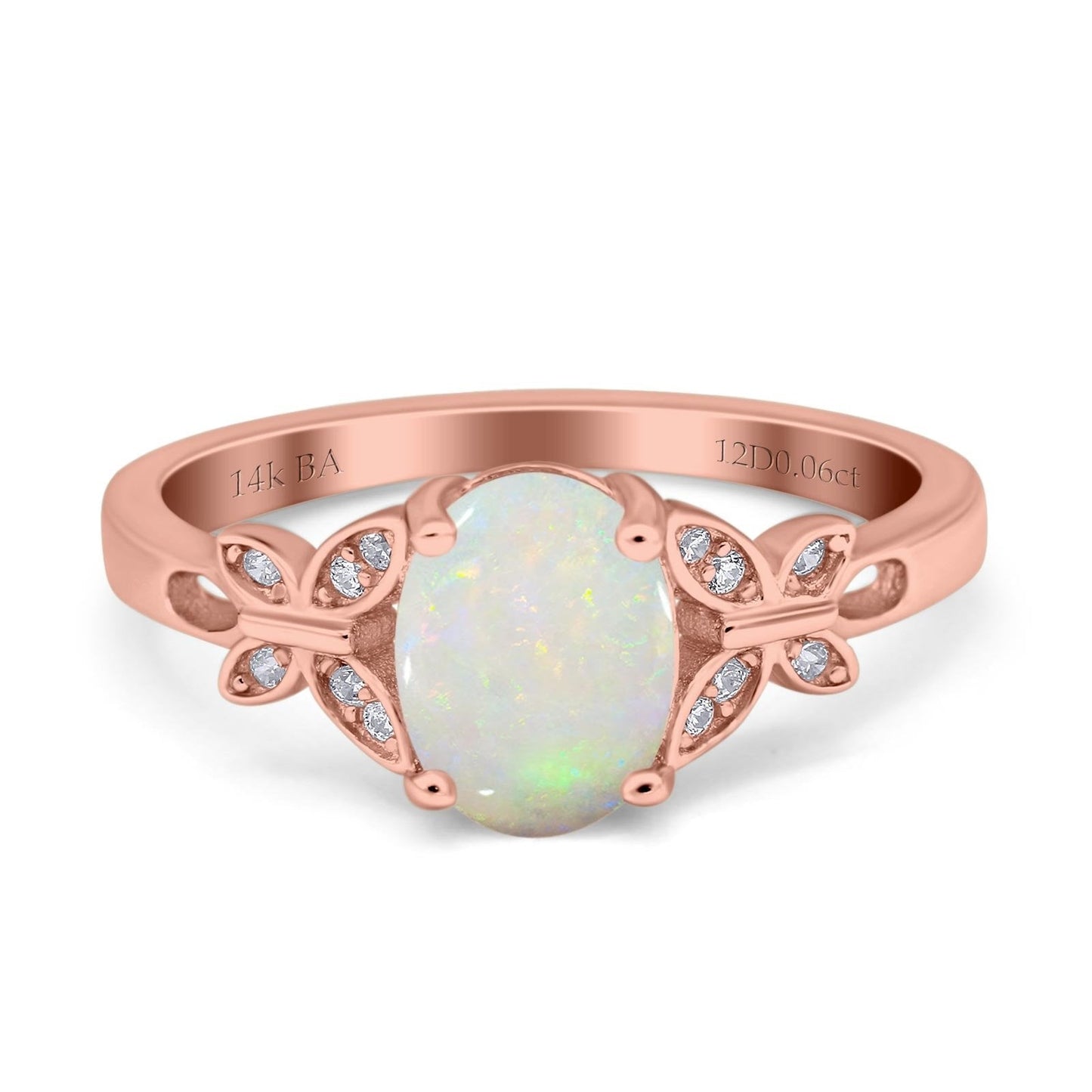 14K Rose Gold 0.06ct Oval 8mmx6mm Butterfly Accent G SI Natural White Opal Diamond Engagement Wedding Ring Size 6.5