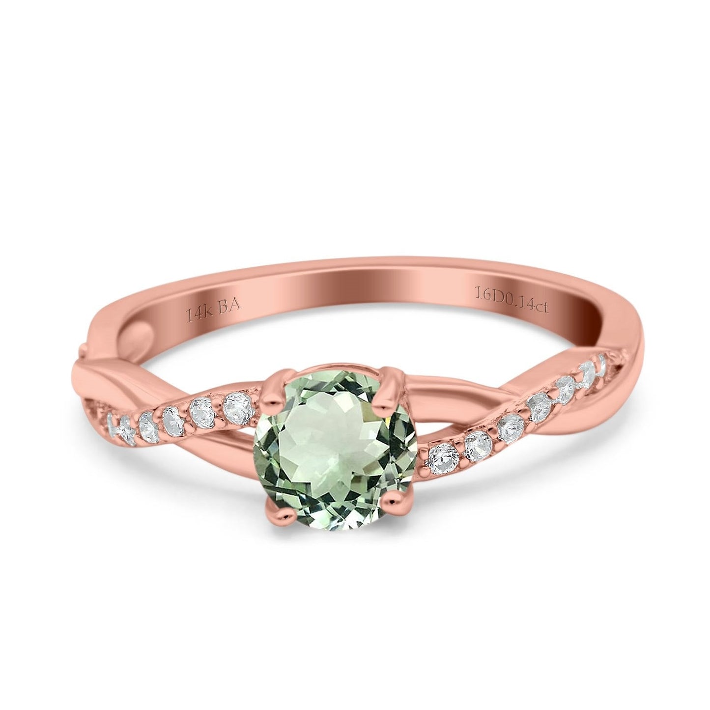 14K Rose Gold 0.98ct Round Art Deco 6mm G SI Natural Green Amethyst Diamond Engagement Wedding Ring Size 6.5