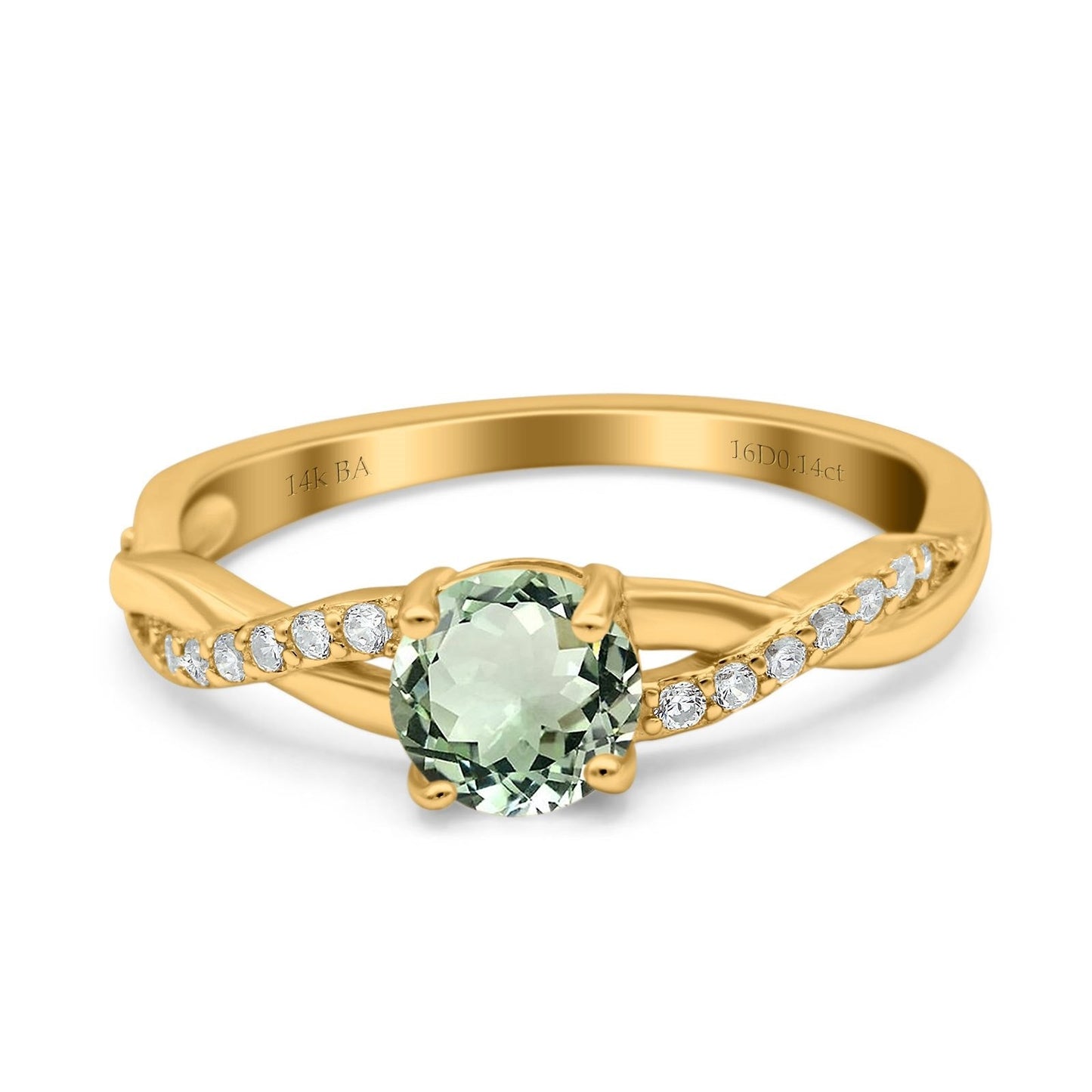 14K Yellow Gold 0.98ct Round Art Deco 6mm G SI Natural Green Amethyst Diamond Engagement Wedding Ring Size 6.5