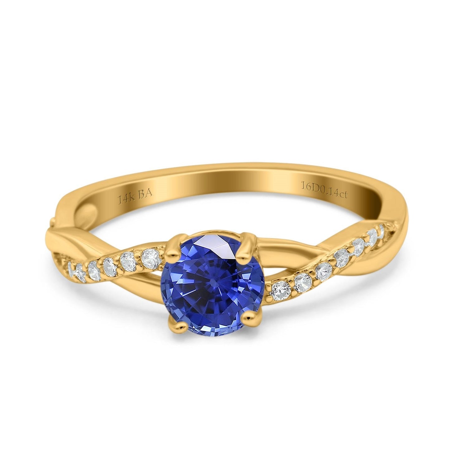 14K Yellow Gold 0.98ct Round Art Deco 6mm G SI Nano Blue Sapphire Diamond Engagement Wedding Ring Size 6.5