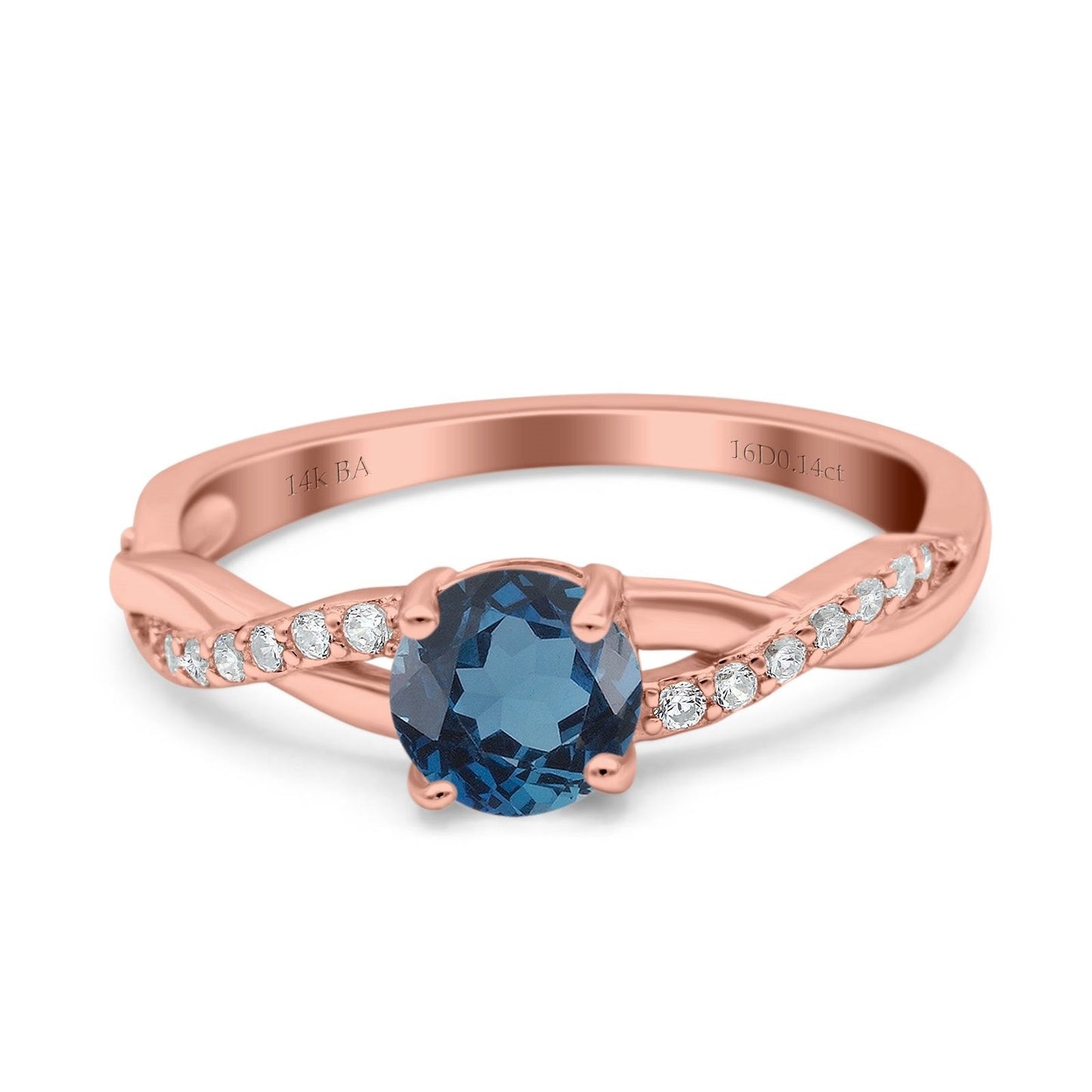 14K Rose Gold 0.98ct Round Art Deco 6mm G SI London Blue Topaz Diamond Engagement Wedding Ring Size 6.5