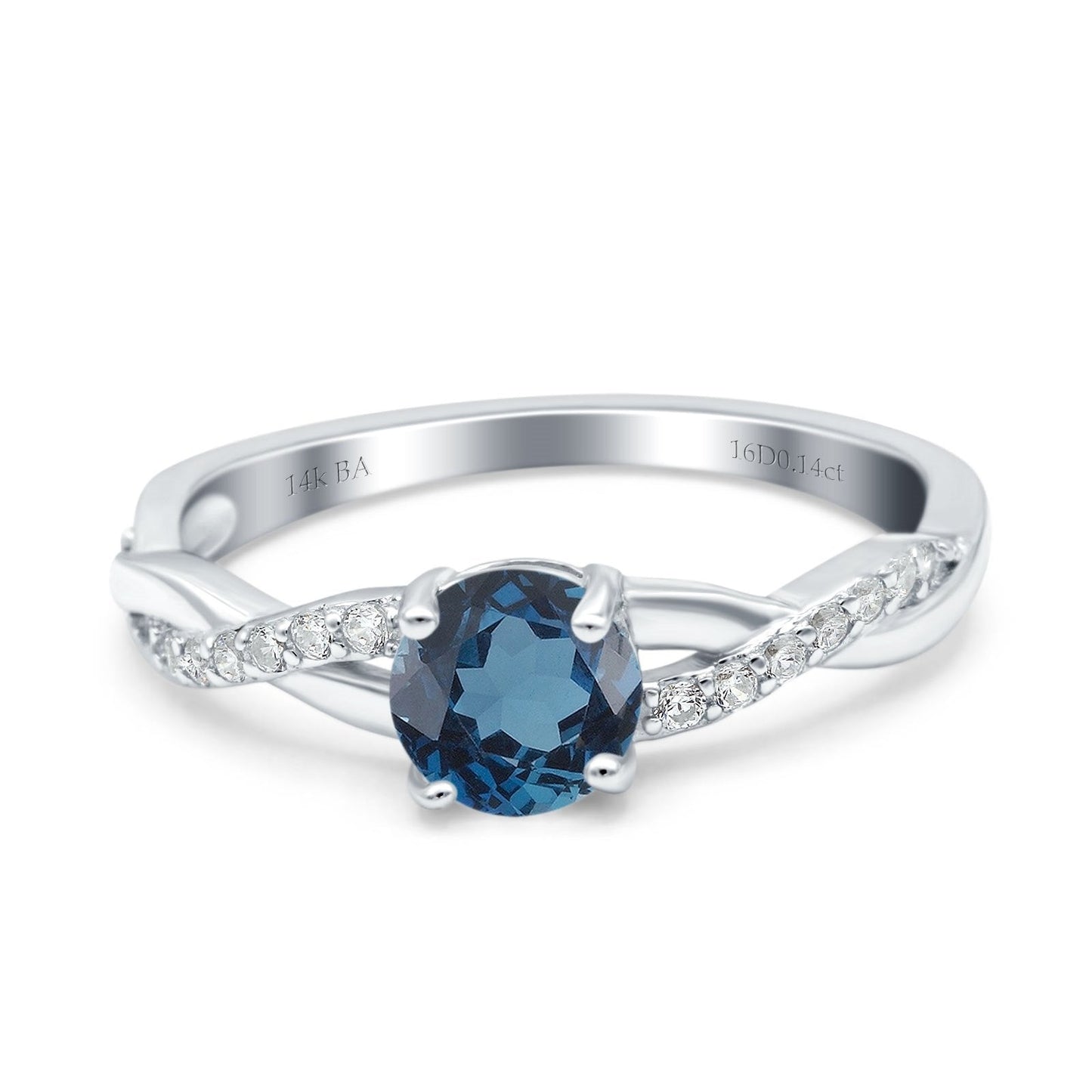 14K White Gold 0.98ct Round Art Deco 6mm G SI London Blue Topaz Diamond Engagement Wedding Ring Size 6.5