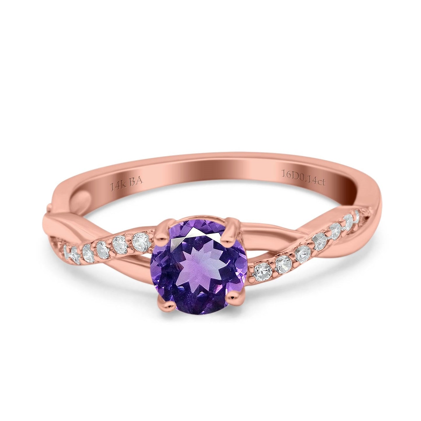 14K Rose Gold 0.98ct Round Art Deco 6mm G SI Natural Amethyst Diamond Engagement Wedding Ring Size 6.5