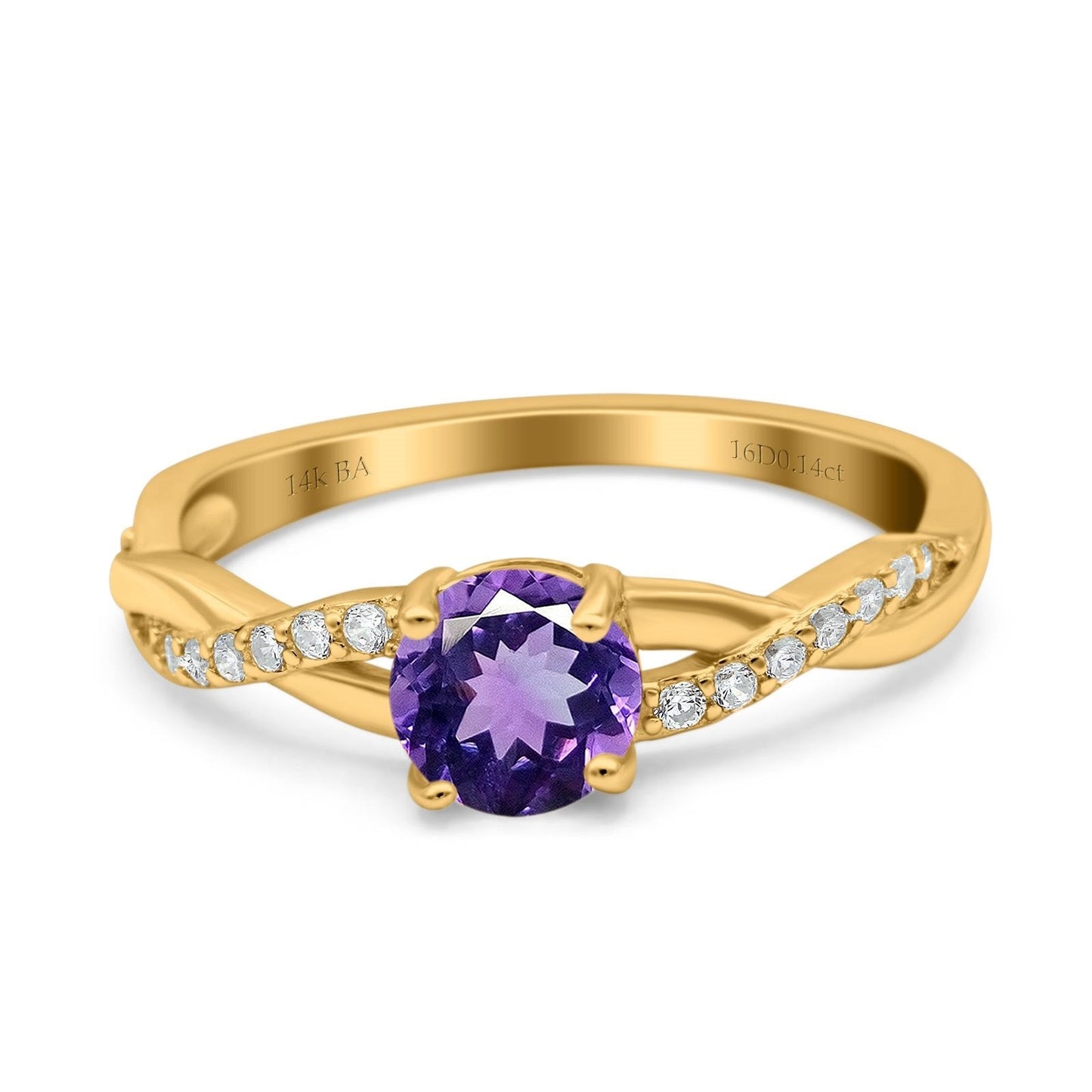 14K Yellow Gold 0.98ct Round Art Deco 6mm G SI Natural Amethyst Diamond Engagement Wedding Ring Size 6.5