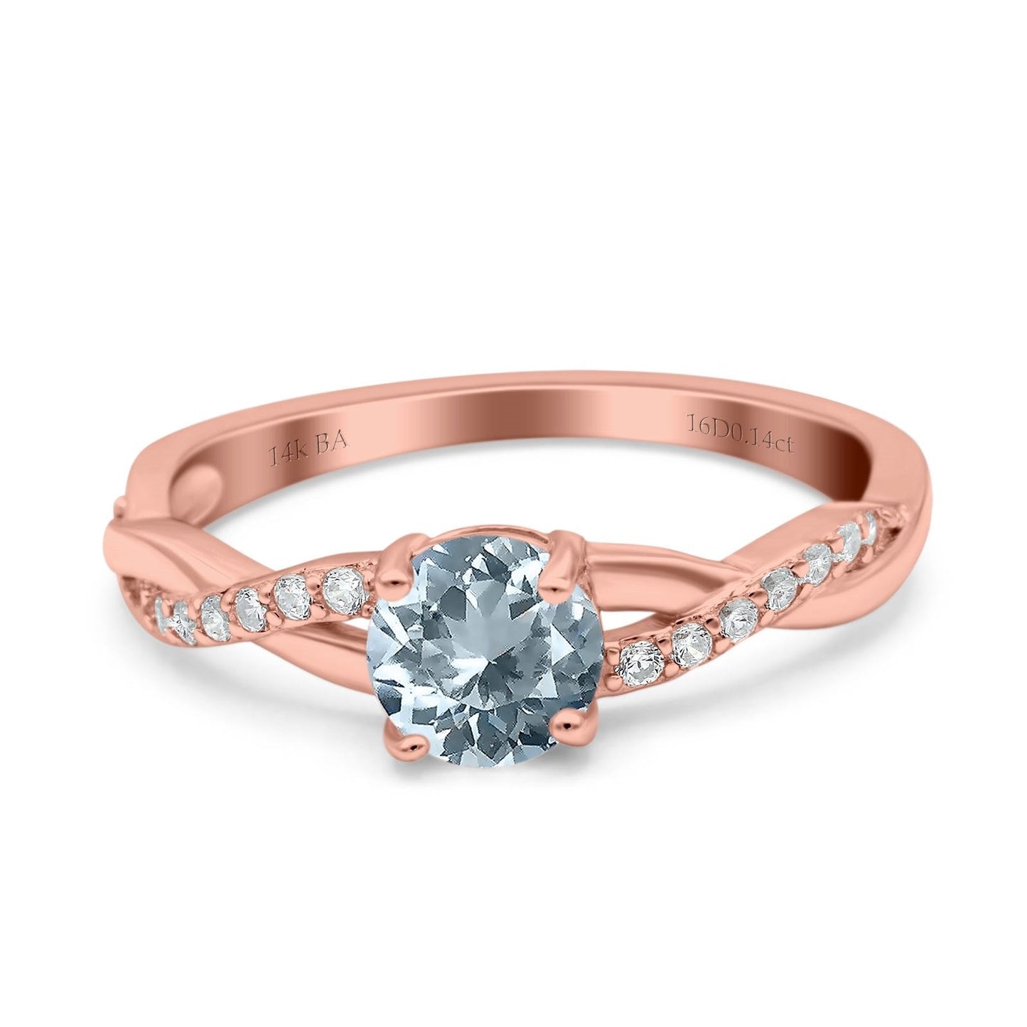 14K Rose Gold 0.98ct Round Art Deco 6mm G SI Natural Aquamarine Diamond Engagement Wedding Ring Size 6.5