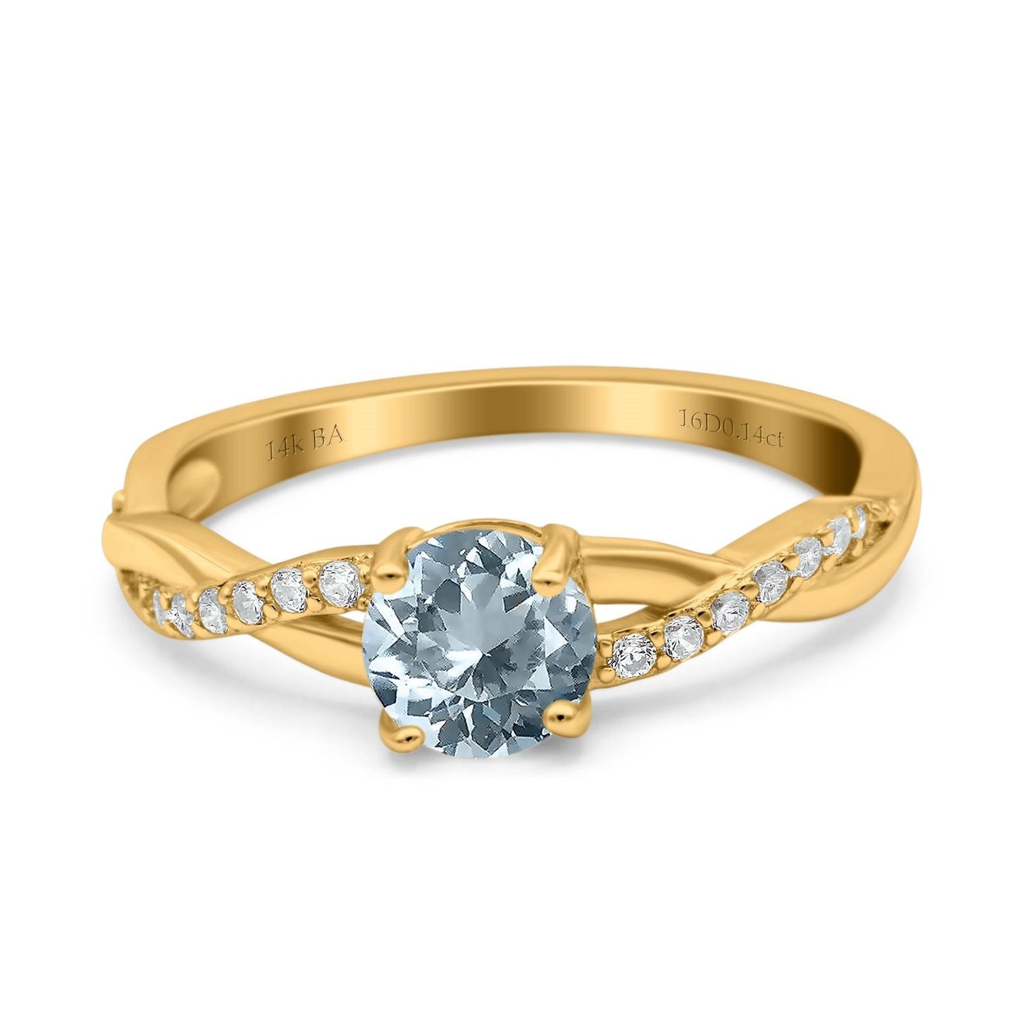 14K Yellow Gold 0.98ct Round Art Deco 6mm G SI Natural Aquamarine Diamond Engagement Wedding Ring Size 6.5