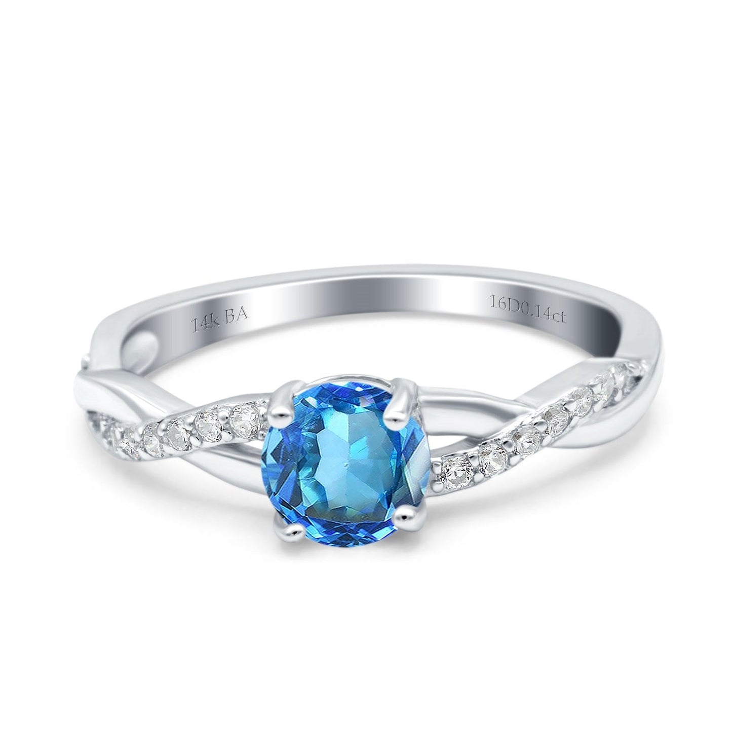 Bague de fiançailles en or blanc 14 carats 0,98 ct Art déco ronde 6 mm G SI avec topaze bleue naturelle et diamant taille 6,5