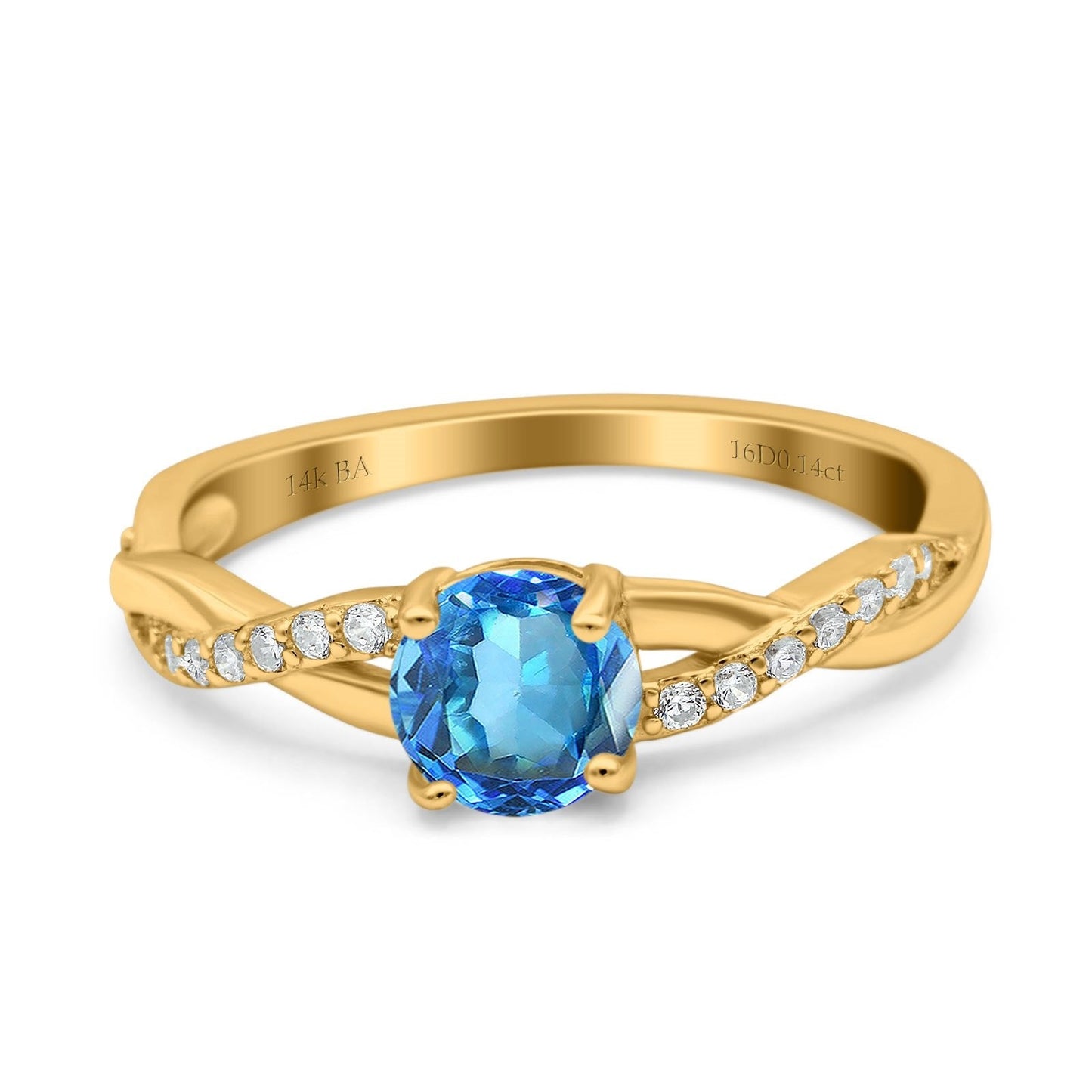 14K Yellow Gold 0.98ct Round Art Deco 6mm G SI Natural Blue Topaz Diamond Engagement Wedding Ring Size 6.5