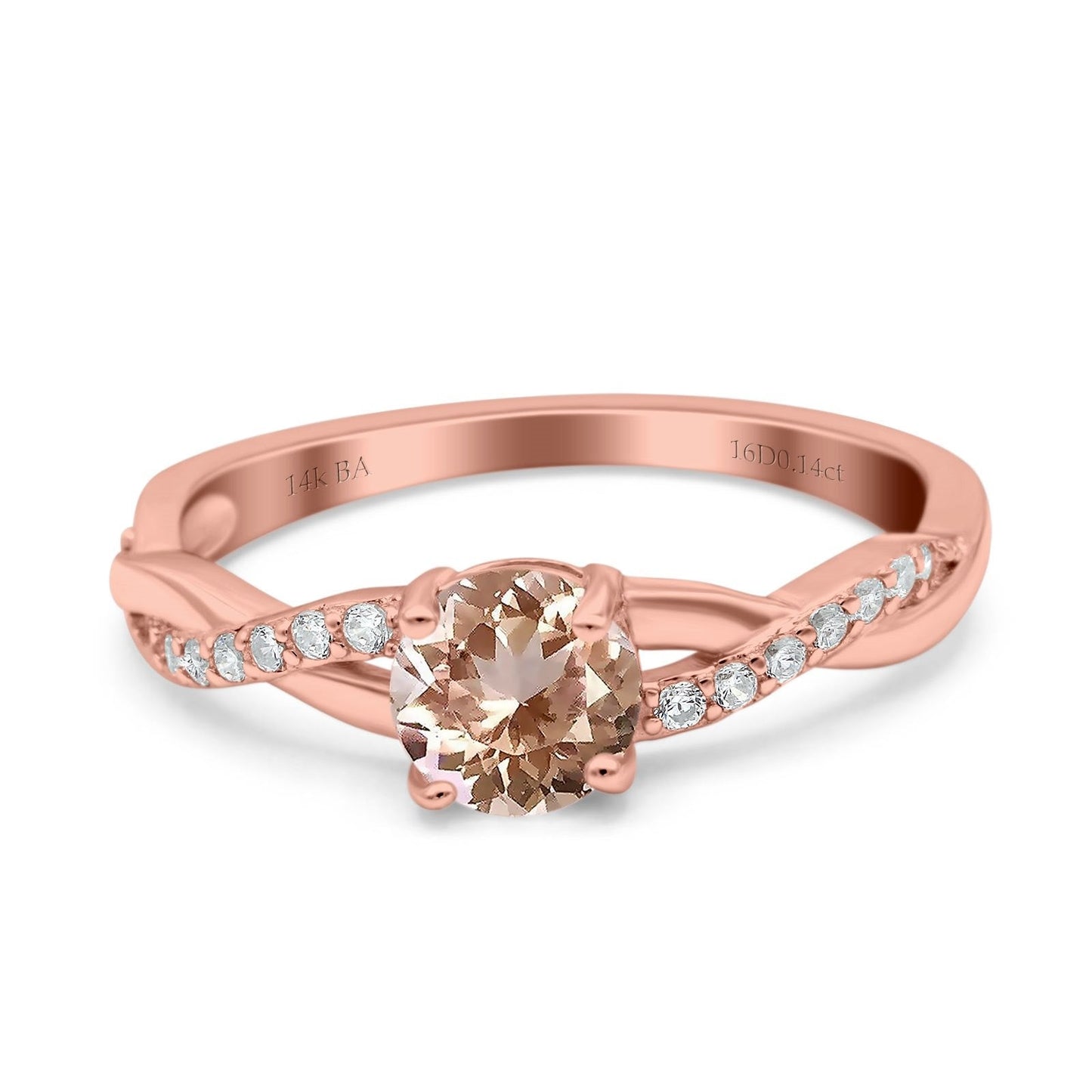 14K Rose Gold 0.98ct Round Art Deco 6mm G SI Natural Morganite Diamond Engagement Wedding Ring Size 6.5