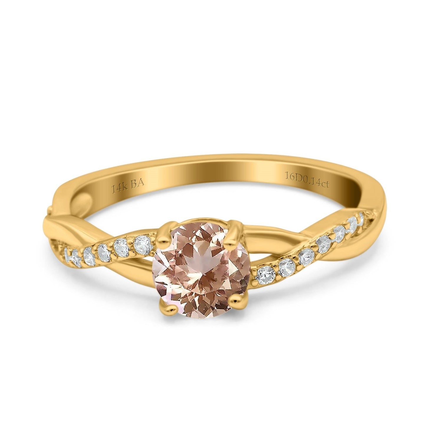 14K Yellow Gold 0.98ct Round Art Deco 6mm G SI Natural Morganite Diamond Engagement Wedding Ring Size 6.5