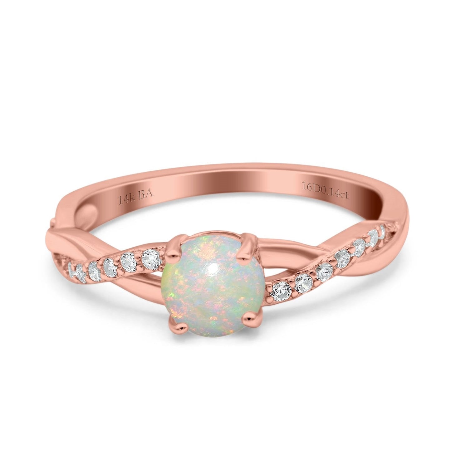 14K Rose Gold 0.14ct Round Art Deco 6mm G SI Natural White Opal Diamond Engagement Wedding Ring Size 6.5