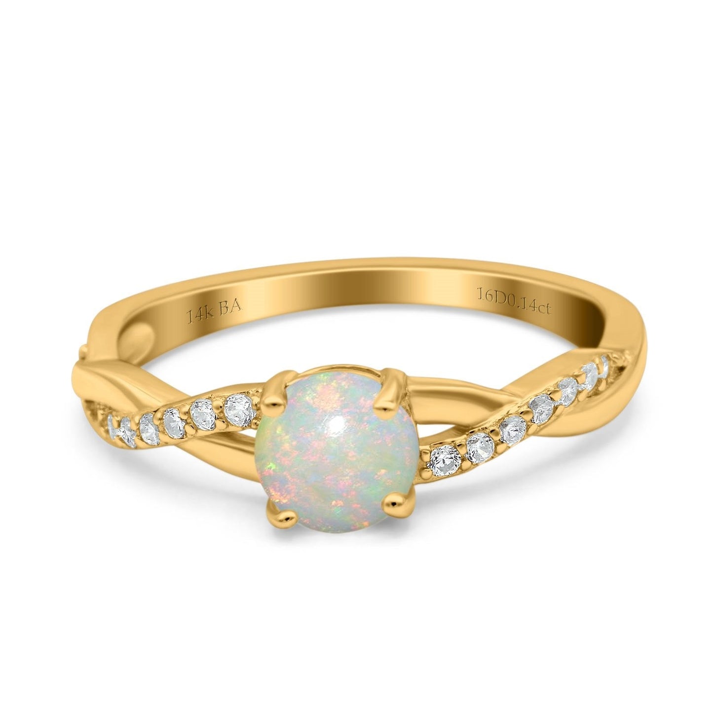 14K Yellow Gold 0.14ct Round Art Deco 6mm G SI Natural White Opal Diamond Engagement Wedding Ring Size 6.5