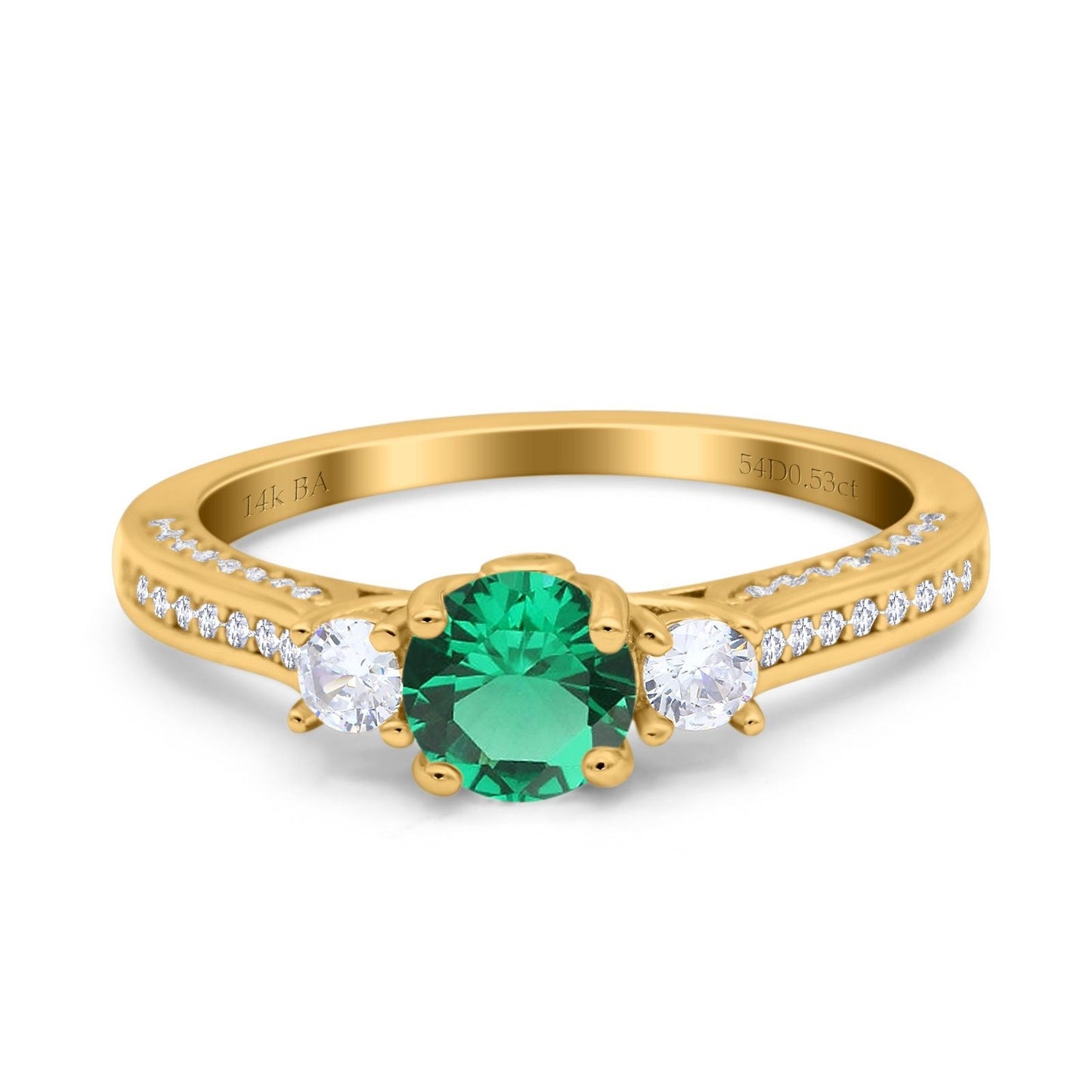 14K Yellow Gold 1.37ct Round Three Stone Vintage 6mm G SI Nano Emerald Diamond Engagement Wedding Ring Size 6.5