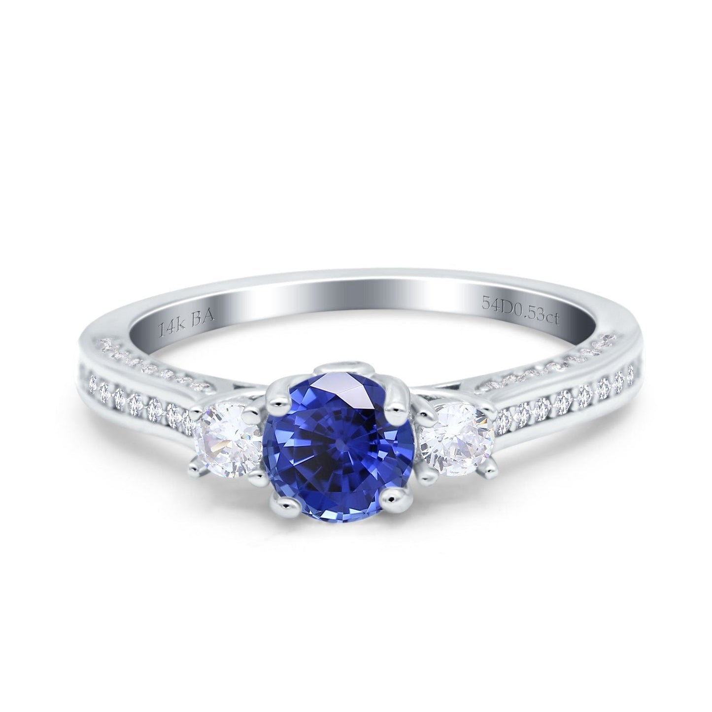 14K White Gold 1.37ct Round Three Stone Vintage 6mm G SI Nano Blue Sapphire Diamond Engagement Wedding Ring Size 6.5