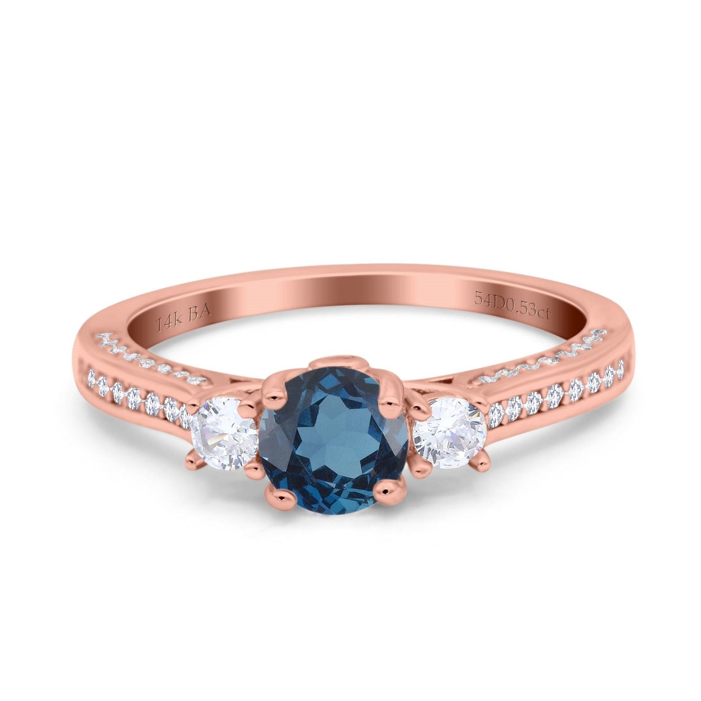 14K Rose Gold 1.37ct Round Three Stone Vintage 6mm G SI London Blue Topaz Diamond Engagement Wedding Ring Size 6.5