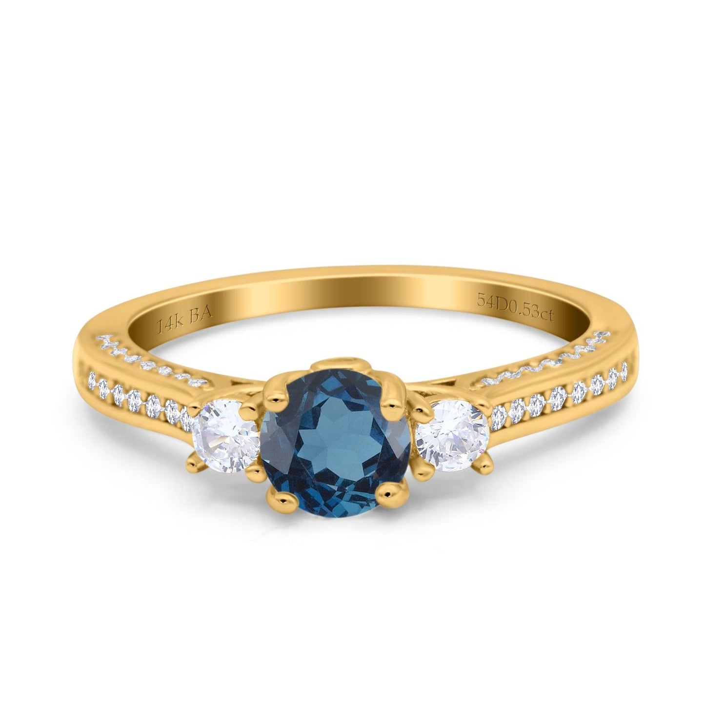 14K Yellow Gold 1.37ct Round Three Stone Vintage 6mm G SI London Blue Topaz Diamond Engagement Wedding Ring Size 6.5