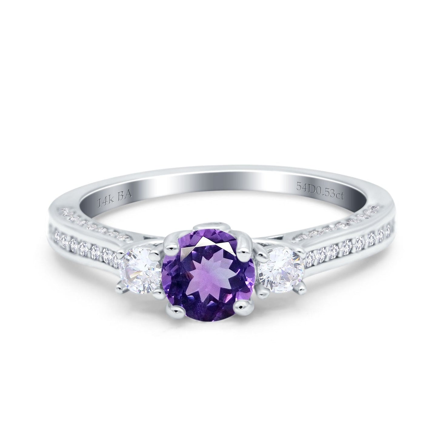 14K White Gold 1.37ct Round Three Stone Vintage 6mm G SI Natural Amethyst Diamond Engagement Wedding Ring Size 6.5