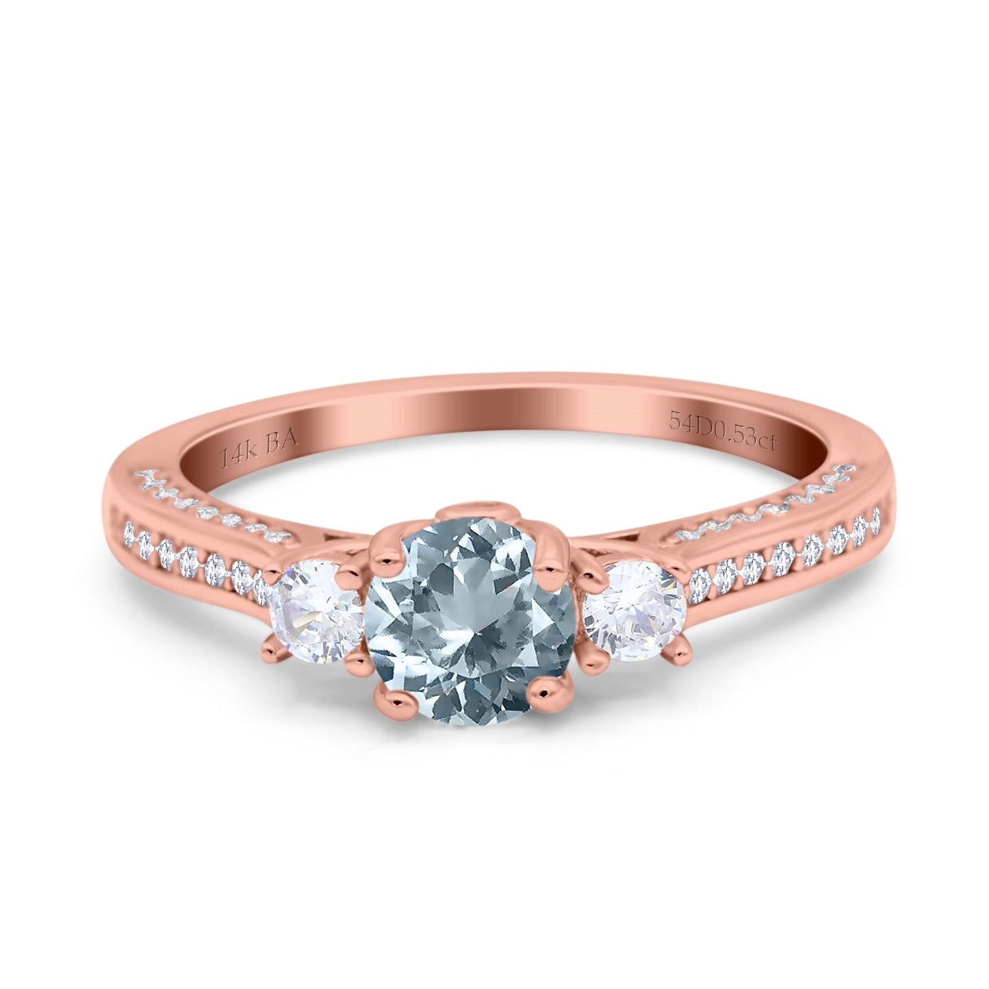 14K Rose Gold 1.37ct Round Three Stone Vintage 6mm G SI Natural Aquamarine Diamond Engagement Wedding Ring Size 6.5