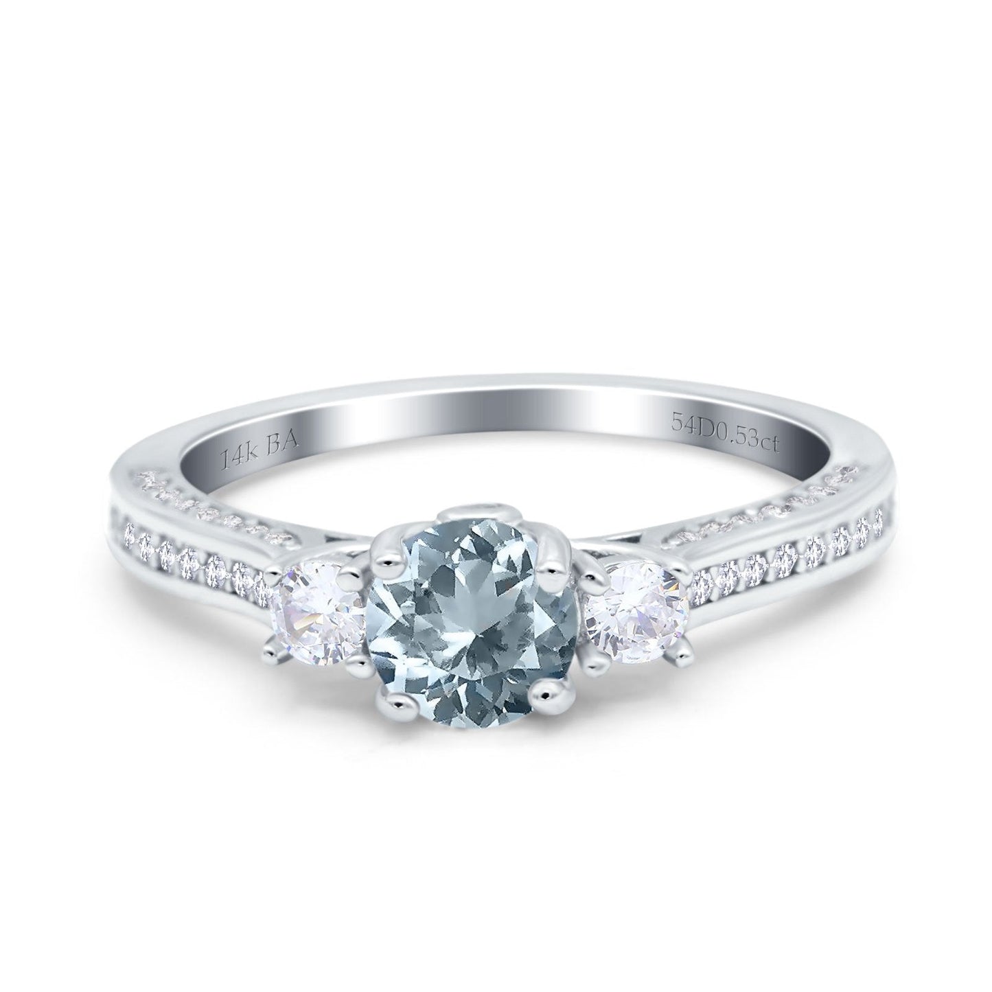 14K White Gold 1.37ct Round Three Stone Vintage 6mm G SI Natural Aquamarine Diamond Engagement Wedding Ring Size 6.5