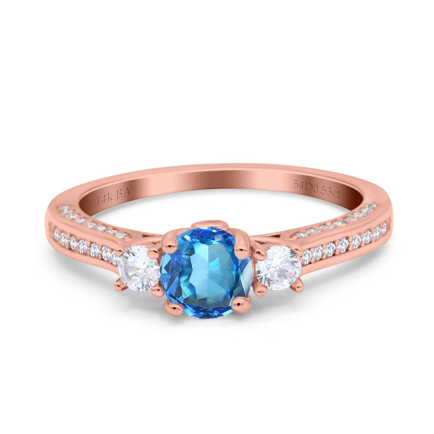 14K Rose Gold 1.37ct Round Three Stone Vintage 6mm G SI Natural Blue Topaz Diamond Engagement Wedding Ring Size 6.5