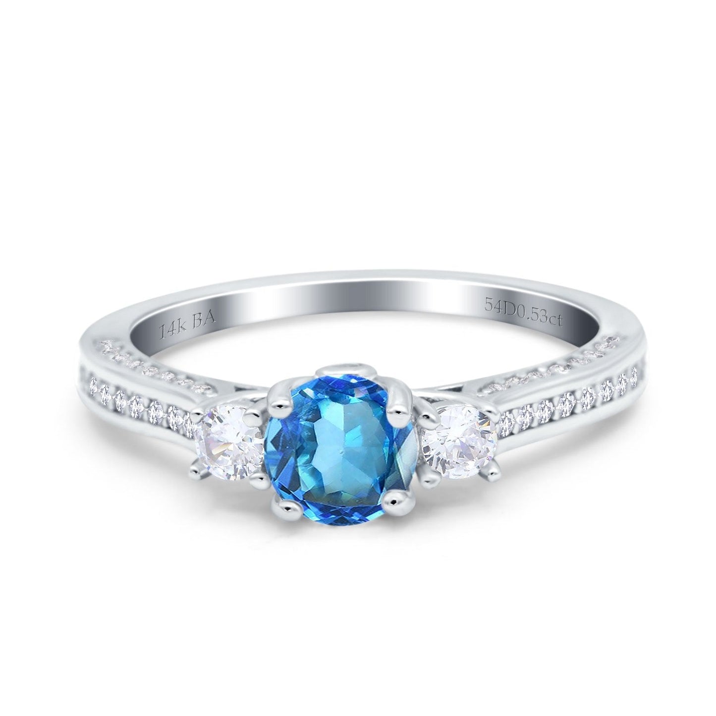 14K White Gold 1.37ct Round Three Stone Vintage 6mm G SI Natural Blue Topaz Diamond Engagement Wedding Ring Size 6.5