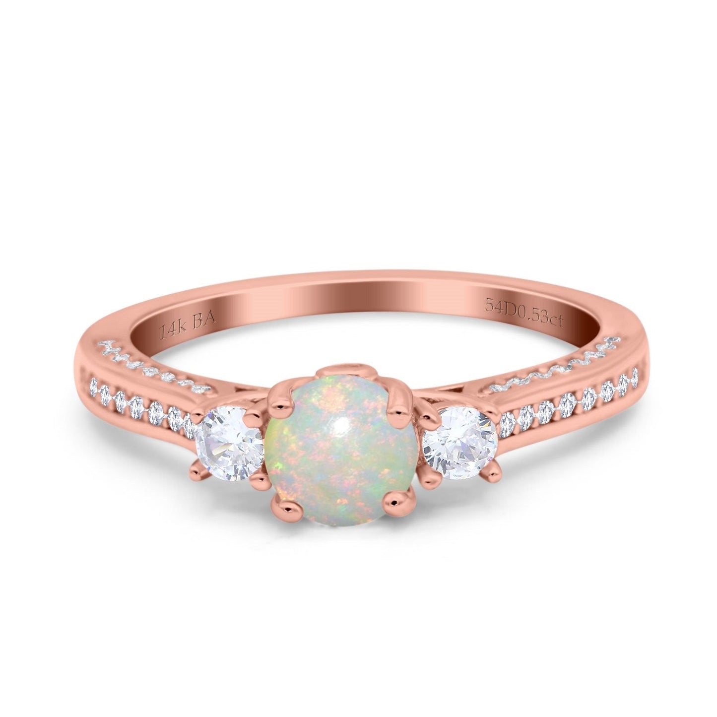 14K Rose Gold 0.53ct Round Three Stone Vintage 6mm G SI Natural White Opal Diamond Engagement Wedding Ring Size 6.5