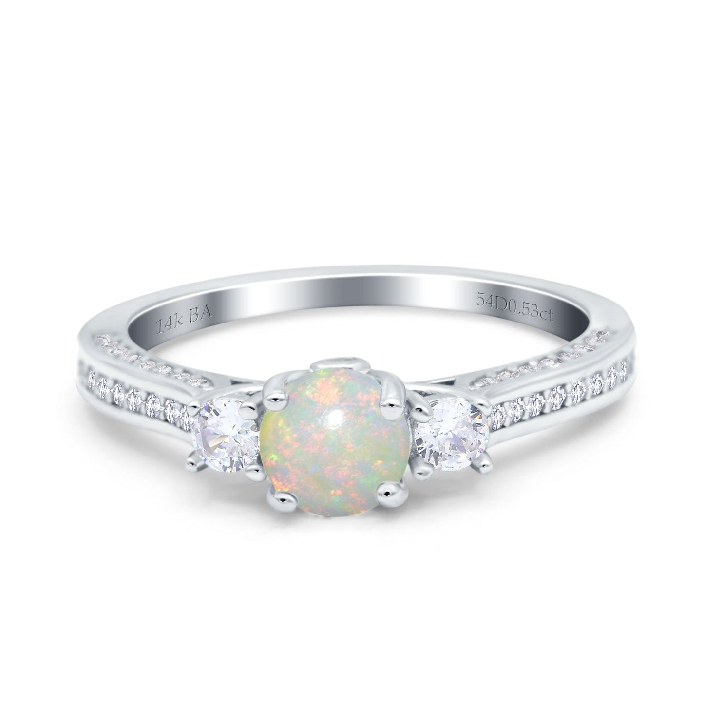 14K White Gold 0.53ct Round Three Stone Vintage 6mm G SI Natural White Opal Diamond Engagement Wedding Ring Size 6.5