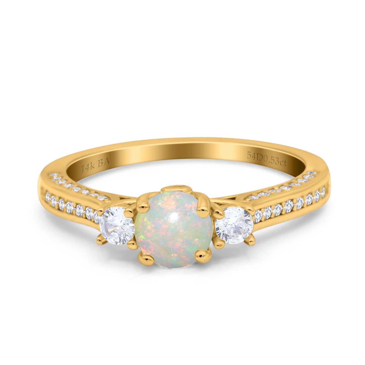 14K Yellow Gold 0.53ct Round Three Stone Vintage 6mm G SI Natural White Opal Diamond Engagement Wedding Ring Size 6.5