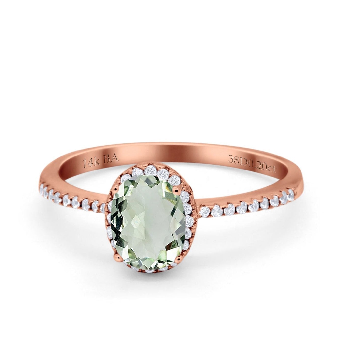 14K Rose Gold 1.41ct Oval 8mmx6mm Fashion Accent G SI Natural Green Amethyst Diamond Engagement Wedding Ring Size 6.5