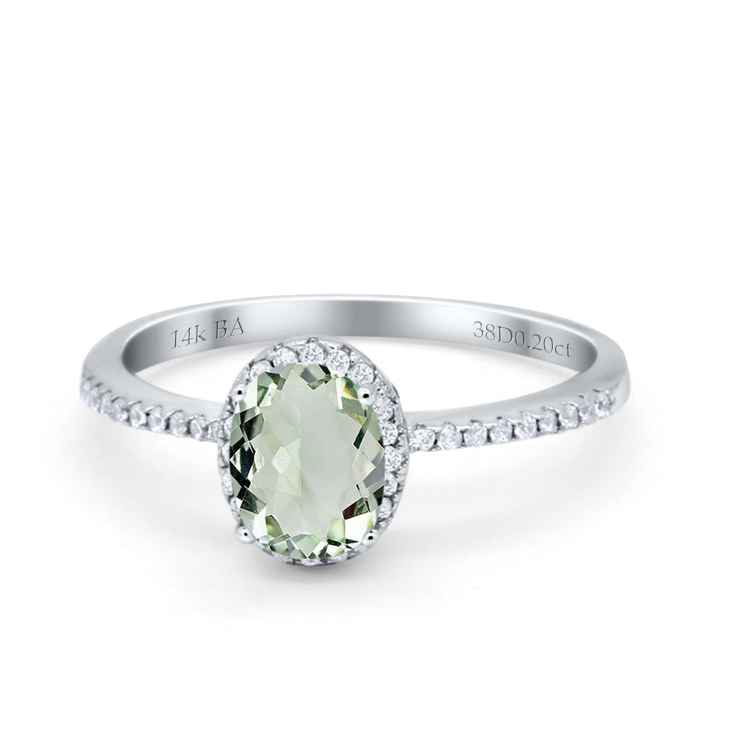 14K White Gold 1.41ct Oval 8mmx6mm Fashion Accent G SI Natural Green Amethyst Diamond Engagement Wedding Ring Size 6.5