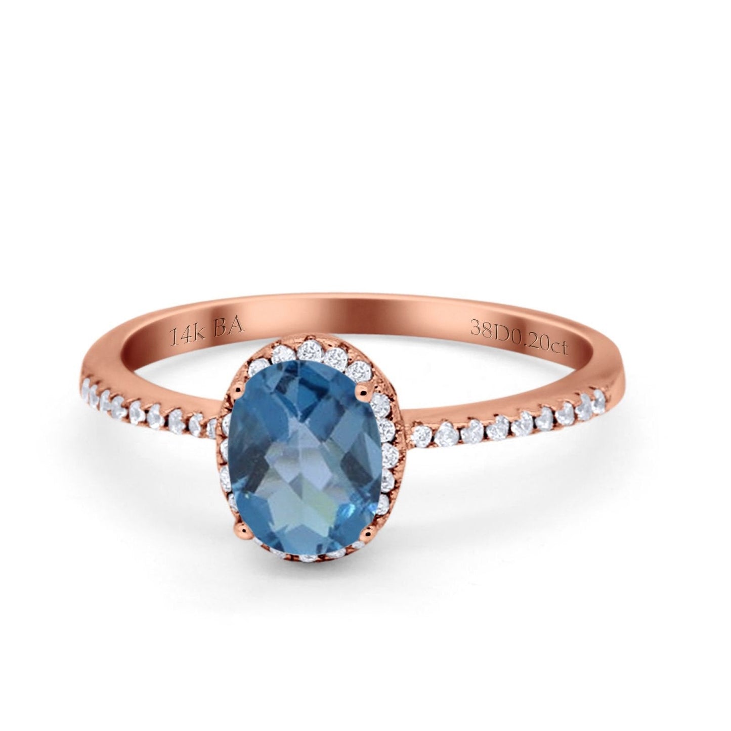 14K Rose Gold 1.41ct Oval 8mmx6mm Fashion Accent G SI London Blue Topaz Diamond Engagement Wedding Ring Size 6.5