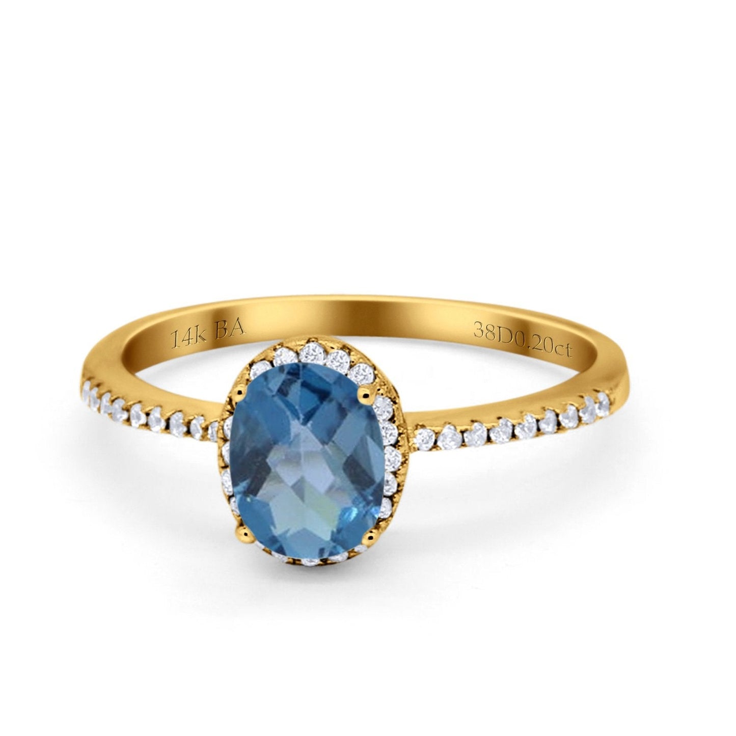 14K Yellow Gold 1.41ct Oval 8mmx6mm Fashion Accent G SI London Blue Topaz Diamond Engagement Wedding Ring Size 6.5