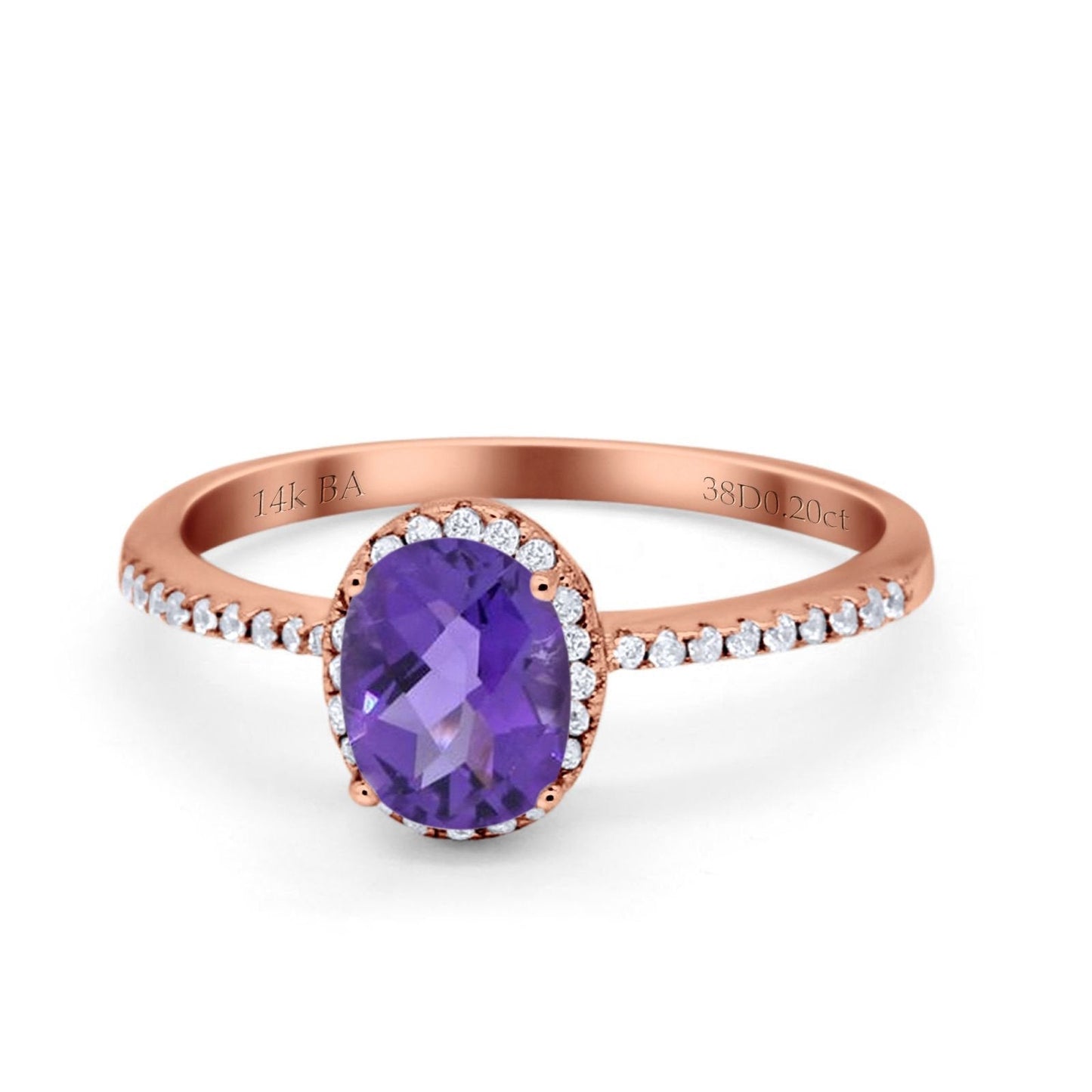 14K Rose Gold 1.41ct Oval 8mmx6mm Fashion Accent G SI Natural Amethyst Diamond Engagement Wedding Ring Size 6.5