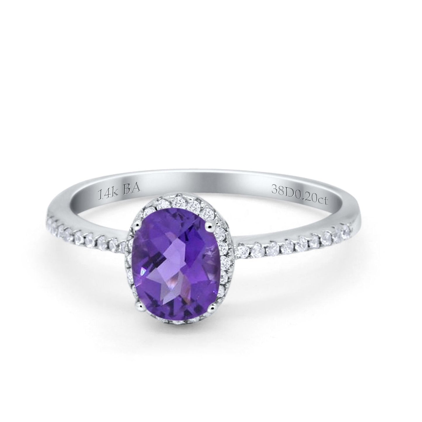 14K White Gold 1.41ct Oval 8mmx6mm Fashion Accent G SI Natural Amethyst Diamond Engagement Wedding Ring Size 6.5