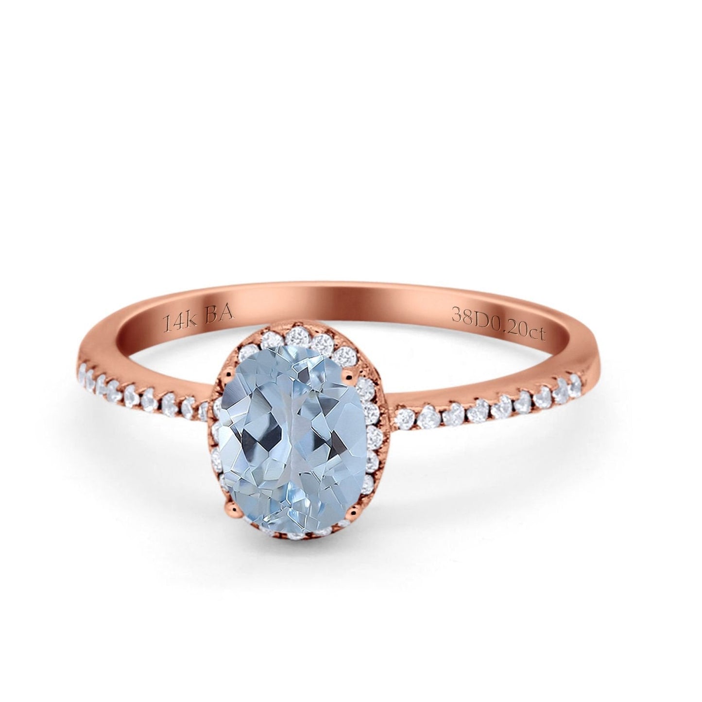 14K Rose Gold 1.41ct Oval 8mmx6mm Fashion Accent G SI Natural Aquamarine Diamond Engagement Wedding Ring Size 6.5