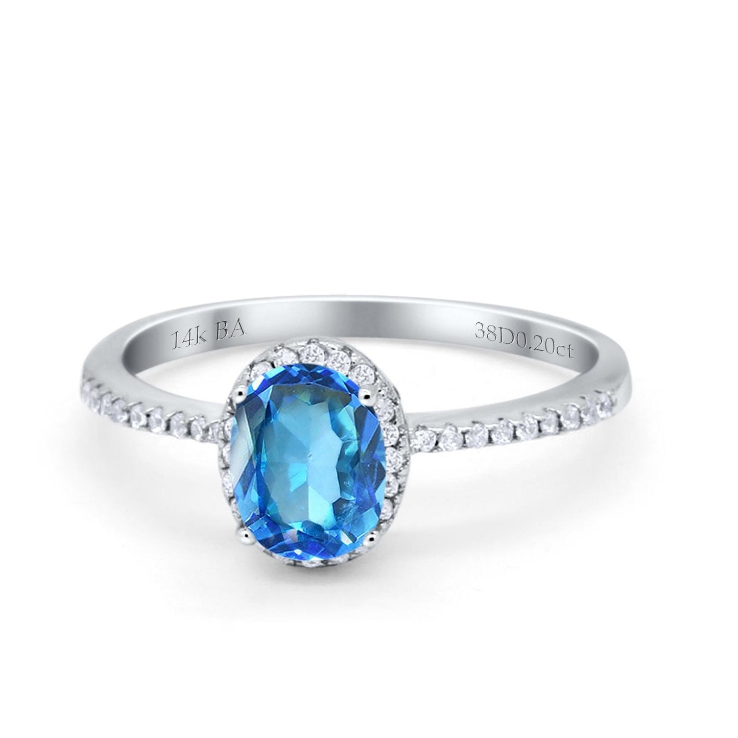 14K White Gold 1.41ct Oval 8mmx6mm Fashion Accent G SI Natural Blue Topaz Diamond Engagement Wedding Ring Size 6.5