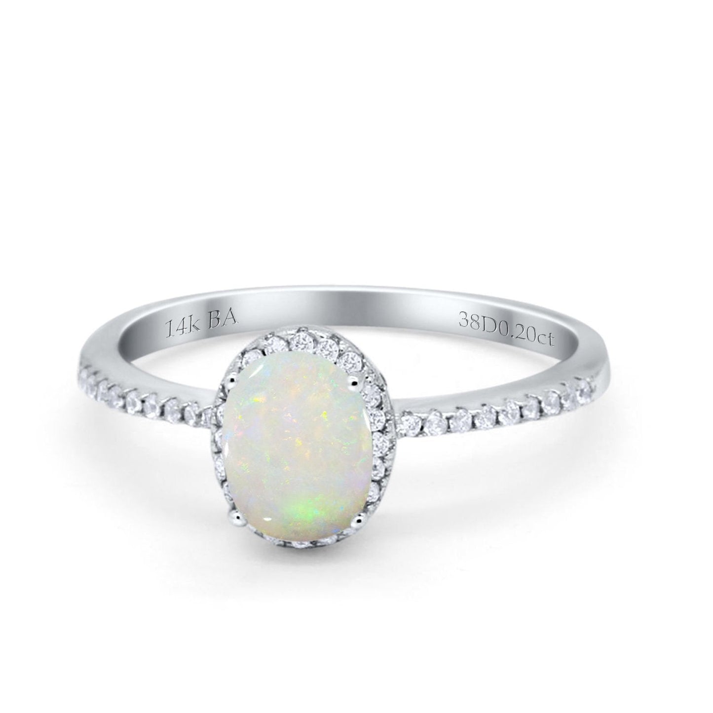 14K White Gold 0.20ct Oval 8mmx6mm Fashion Accent G SI Natural White Opal Diamond Engagement Wedding Ring Size 6.5