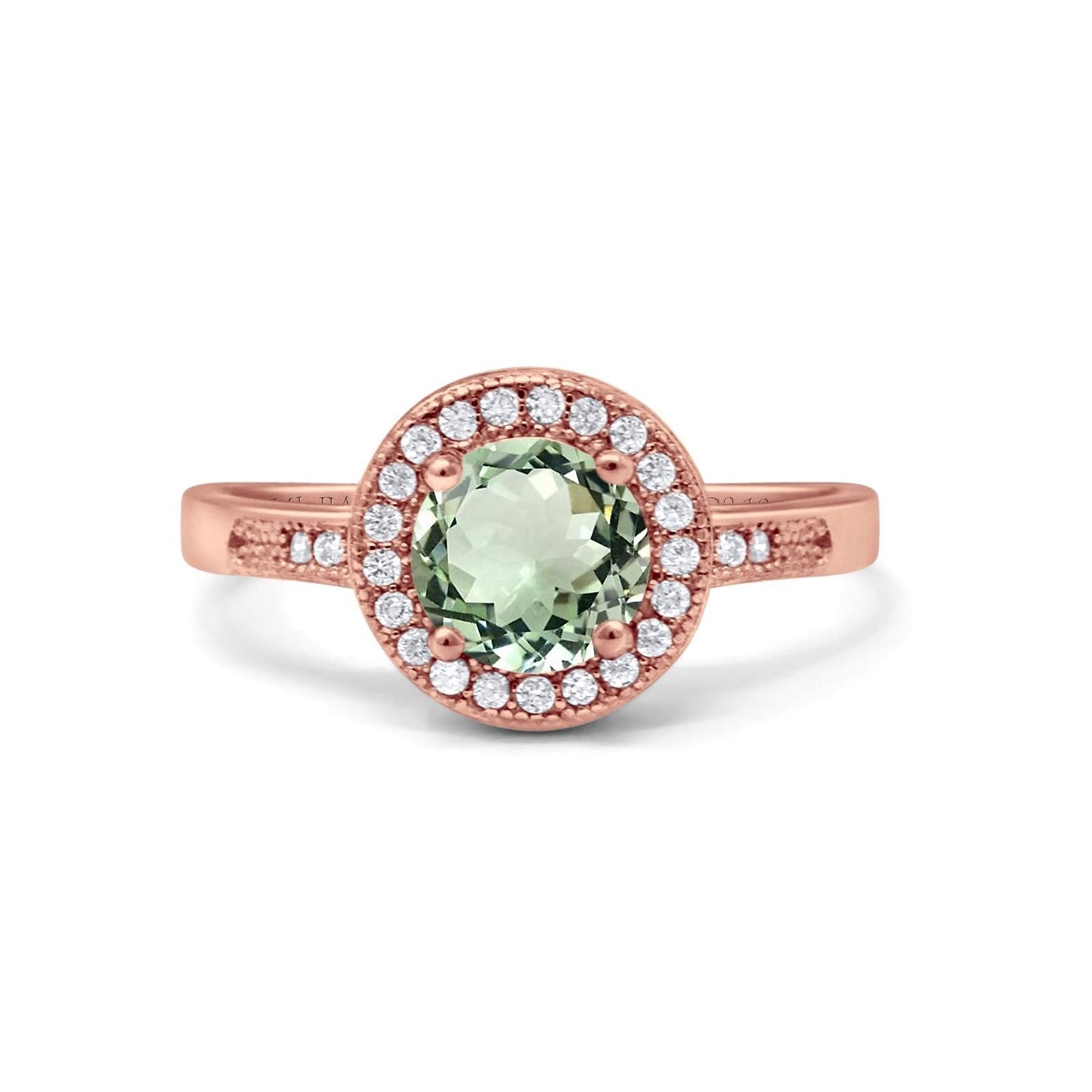 14K Rose Gold 0.94ct Round Art Deco 6mm G SI Natural Green Amethyst Diamond Engagement Wedding Ring Size 6.5